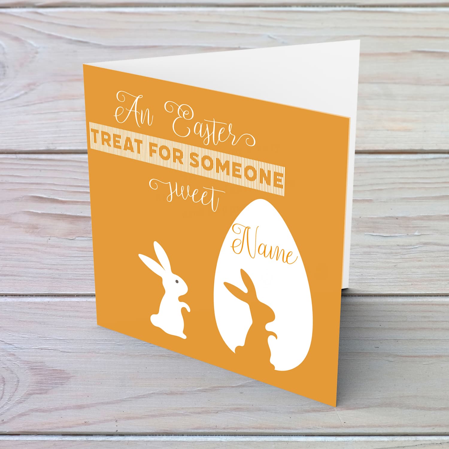 Orange monochrome personalisable Easter card with bunny and egg in English