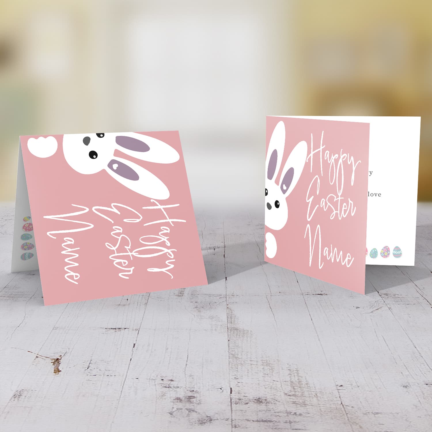 Cute bunny peeping out with pink background personalisable Easter Card in English