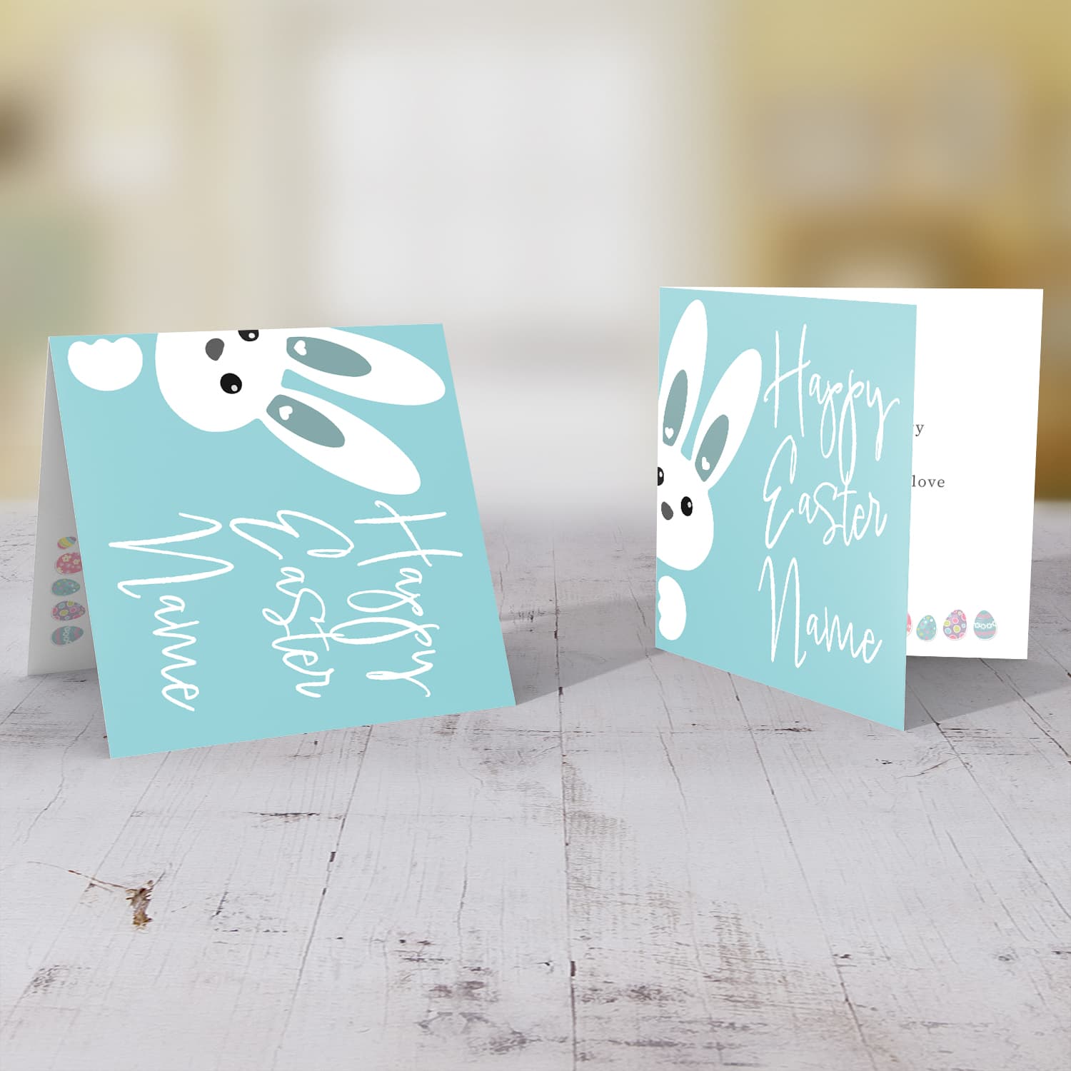 Cute bunny peeping out with blue background personalisable Easter Card in English
