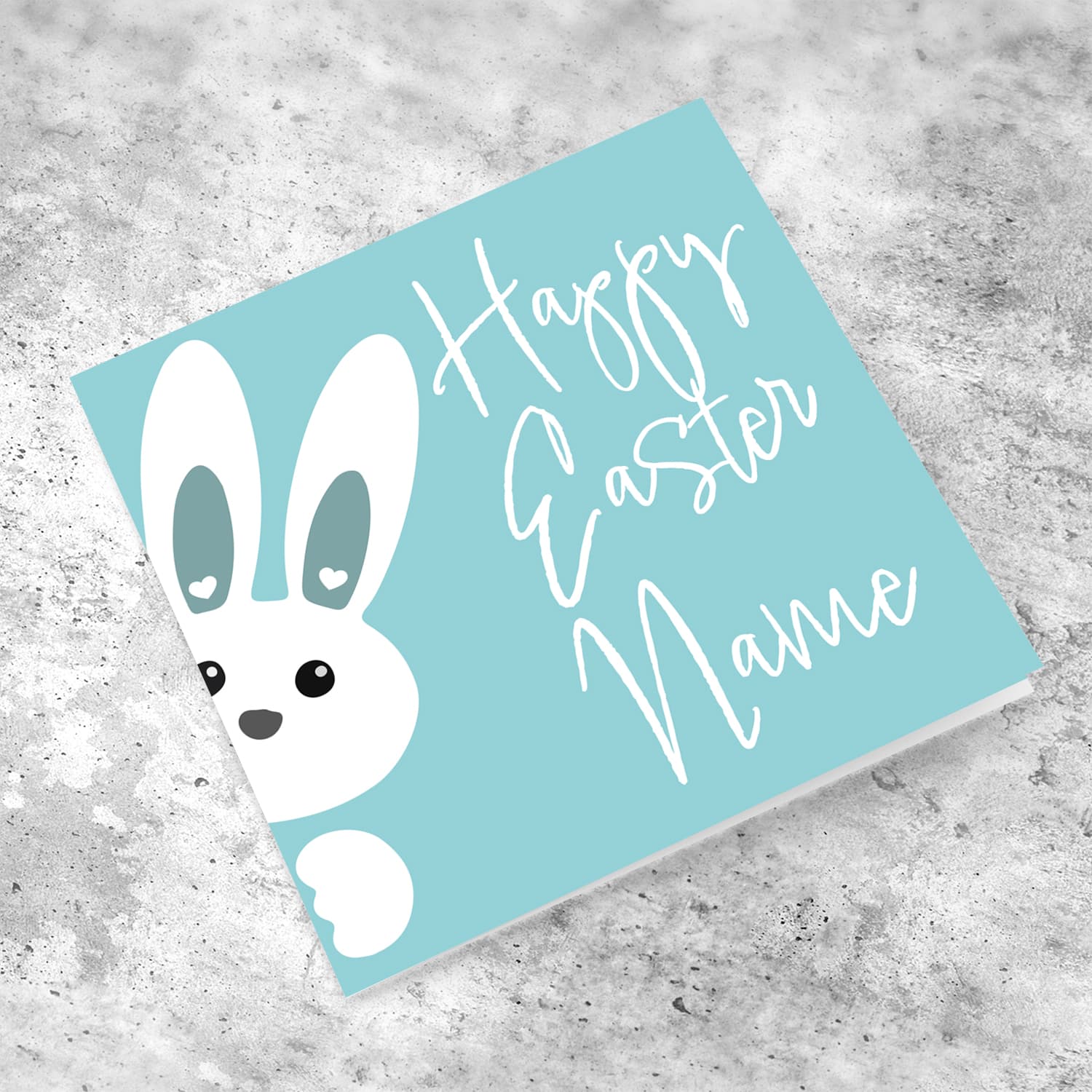 Cute bunny peeping out with blue background personalisable Easter Card in English