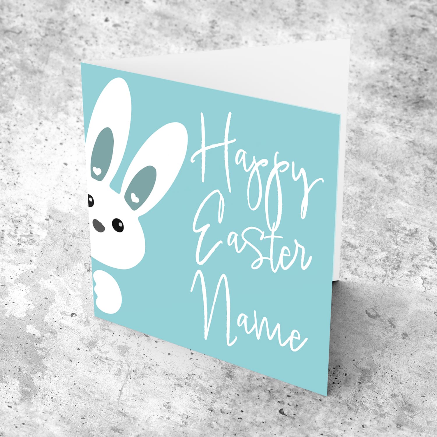 Cute bunny peeping out with blue background personalisable Easter Card in English