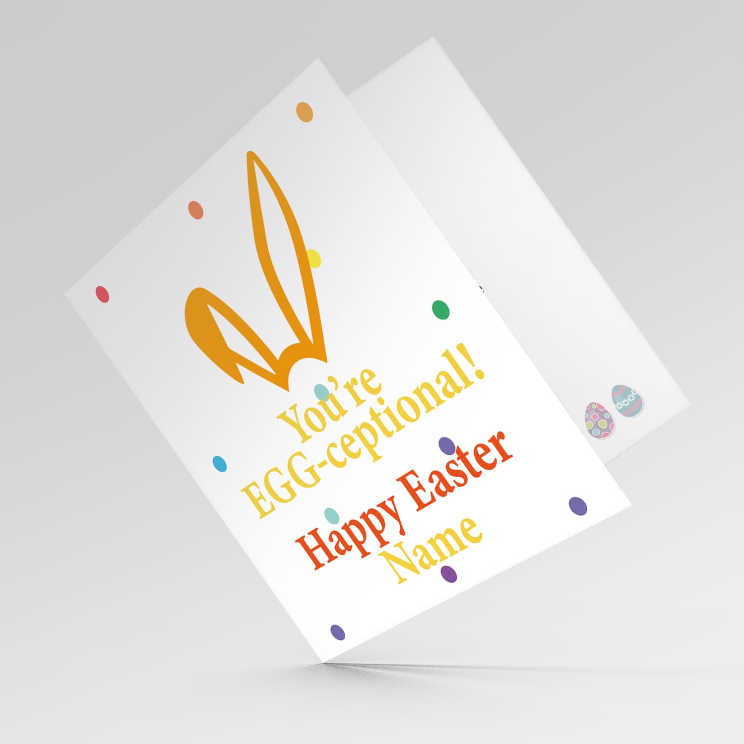 Colourful bunny ears personalisable Easter card with colourful dots in the background in English