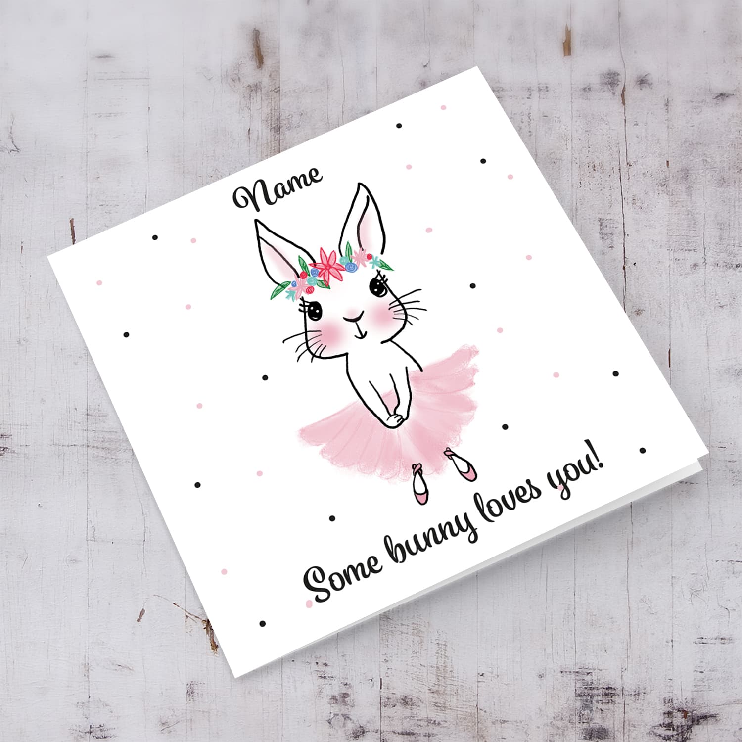 Cute bunny rabbit wearing tutu and flower crown personalisable Easter card in English