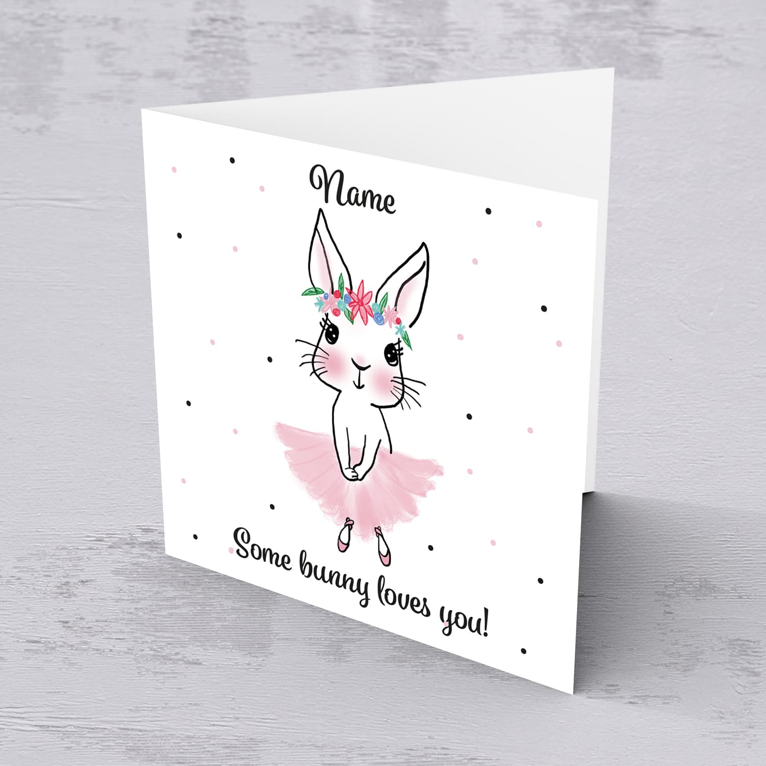 Cute bunny rabbit wearing tutu and flower crown personalisable Easter card in English