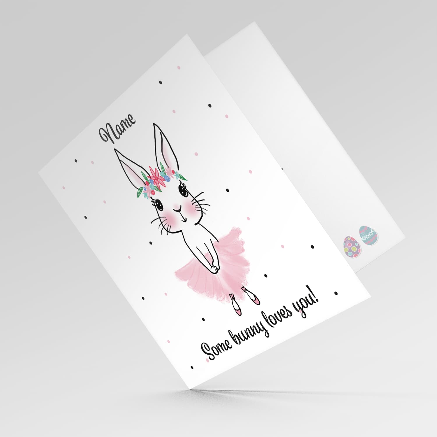 Cute bunny rabbit wearing tutu and flower crown personalisable Easter card in English