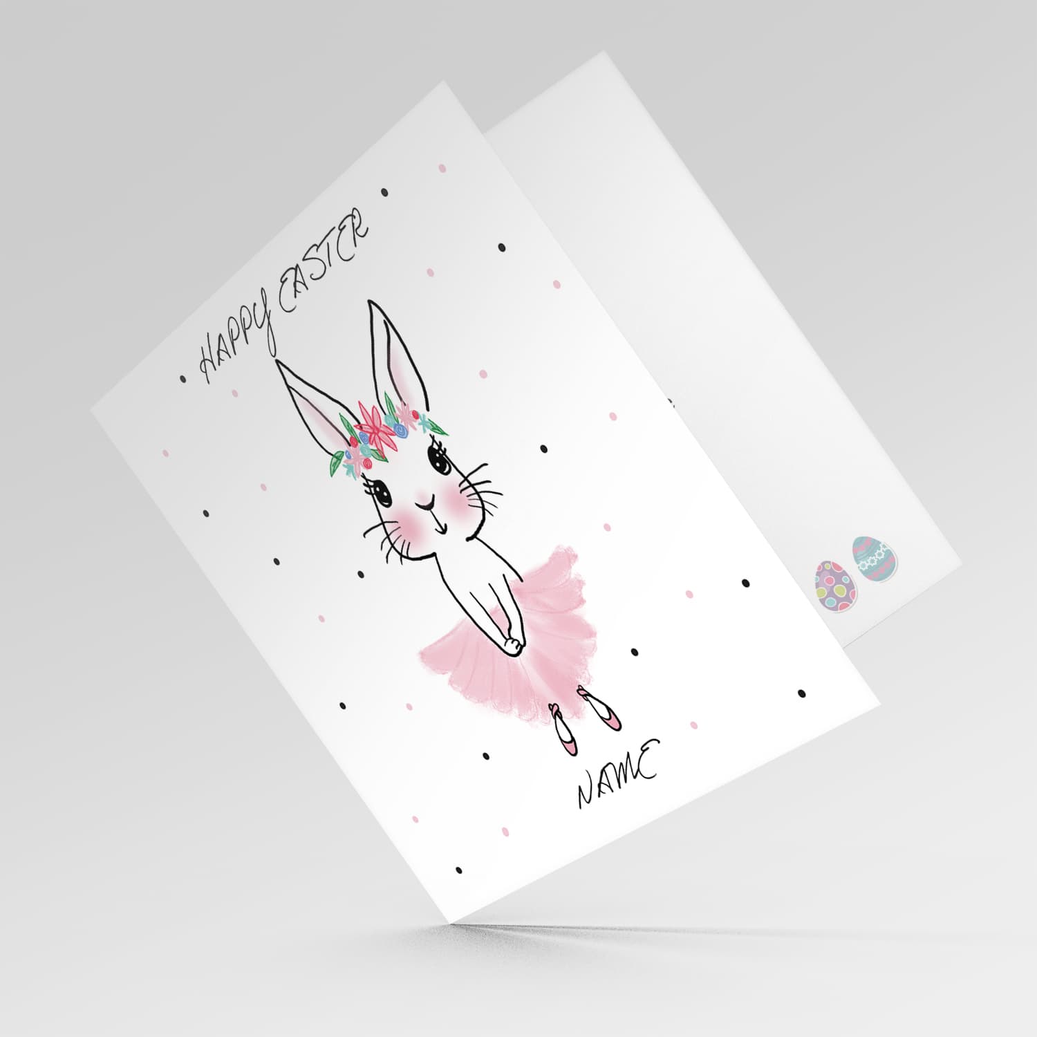 Cute bunny rabbit wearing tutu and flower crown with dots in the background personalisable Easter card in English
