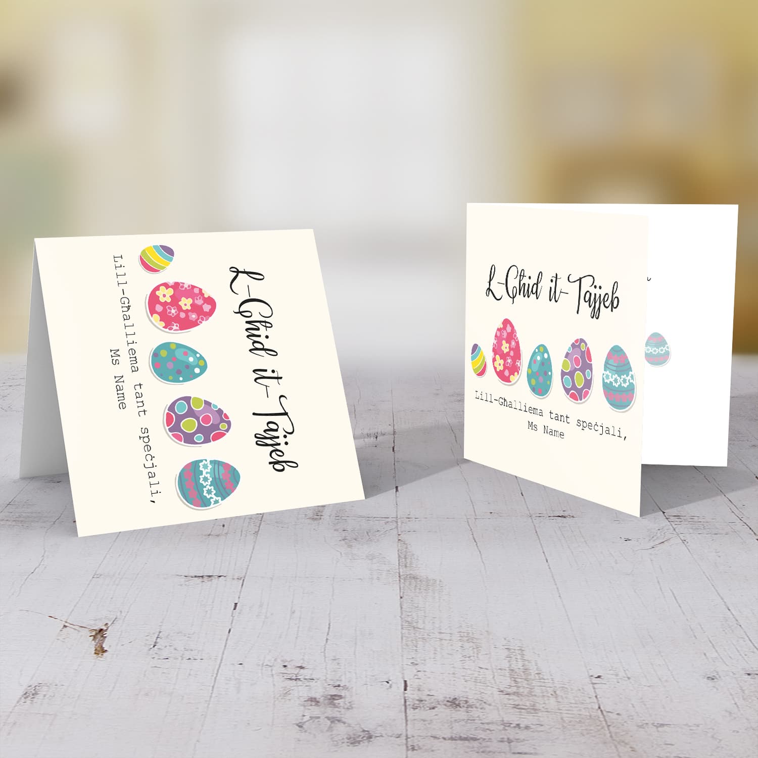 Teacher (Female) - Colourful Easter eggs themed personalisable card in Maltese