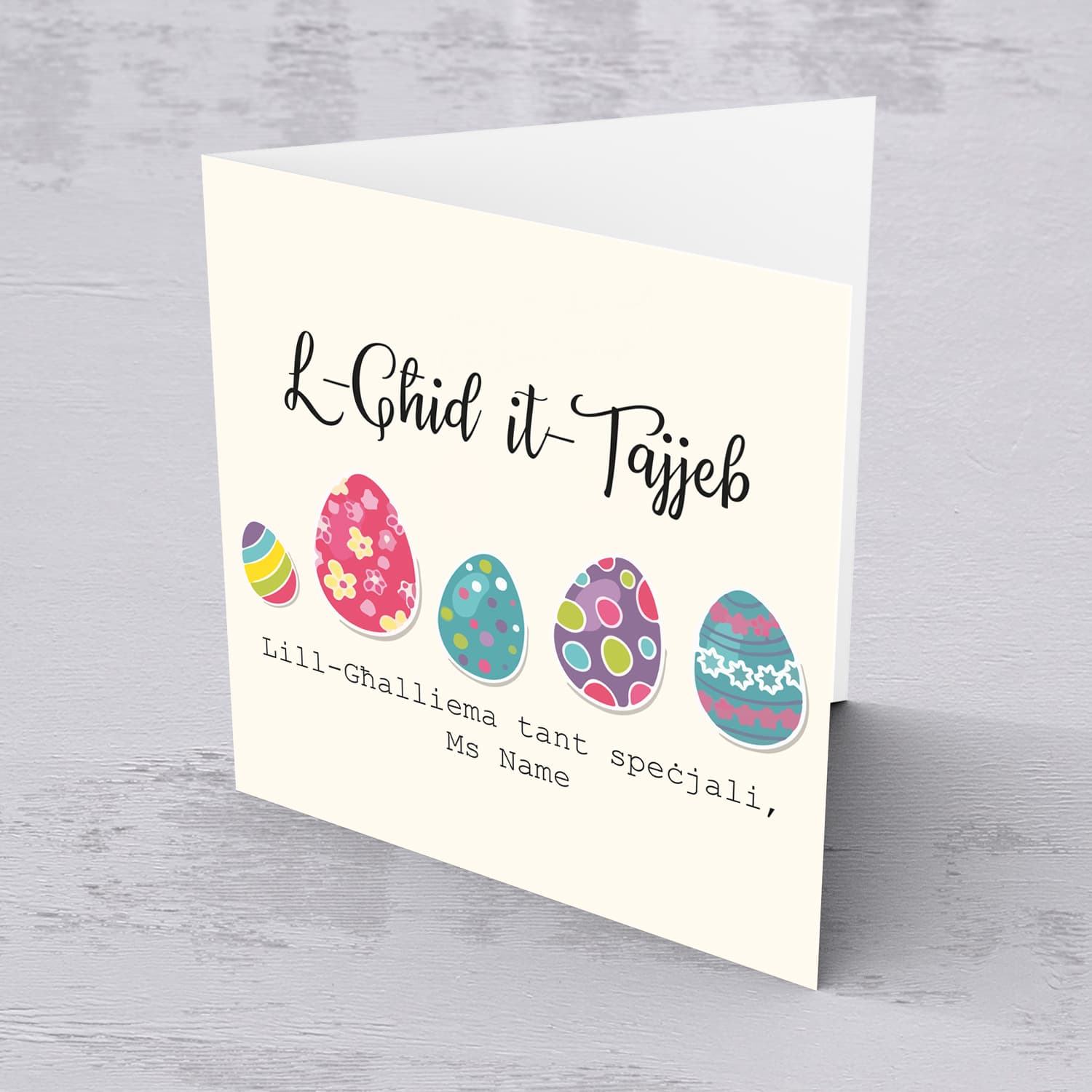 Teacher (Female) - Colourful Easter eggs themed personalisable card in Maltese