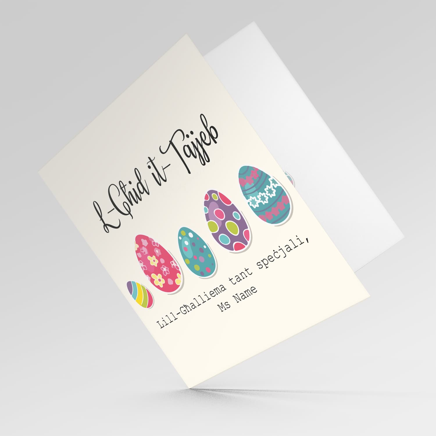 Teacher (Female) - Colourful Easter eggs themed personalisable card in Maltese