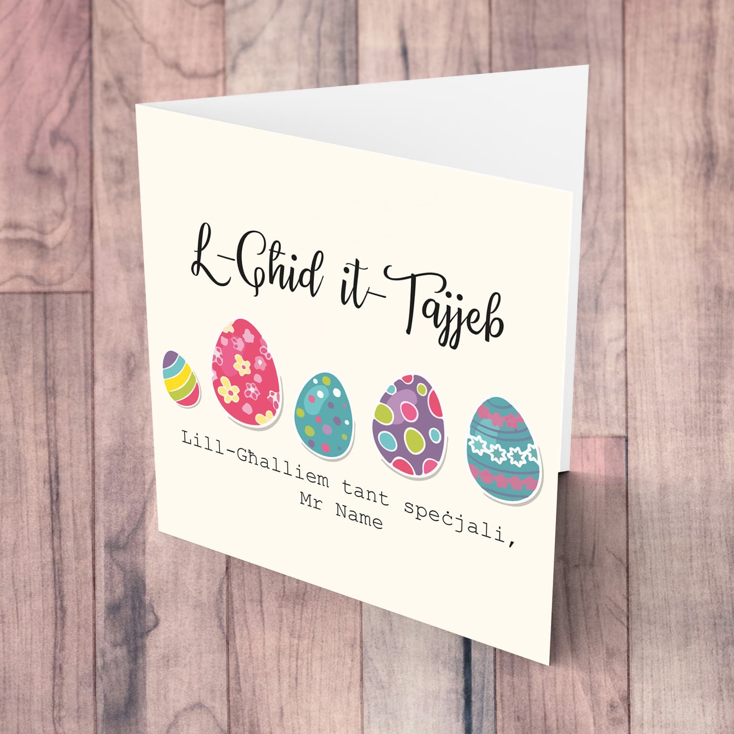 Teacher (Male) - Colourful Easter eggs themed personalisable card in Maltese