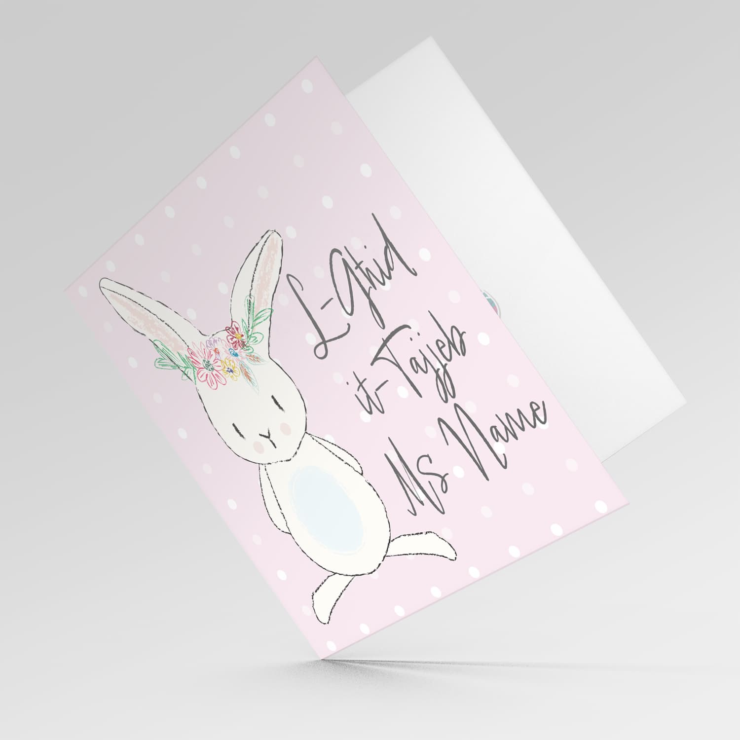 Bunny themed Easter personalisable card for teacher in Maltese with pink background and white polka dots