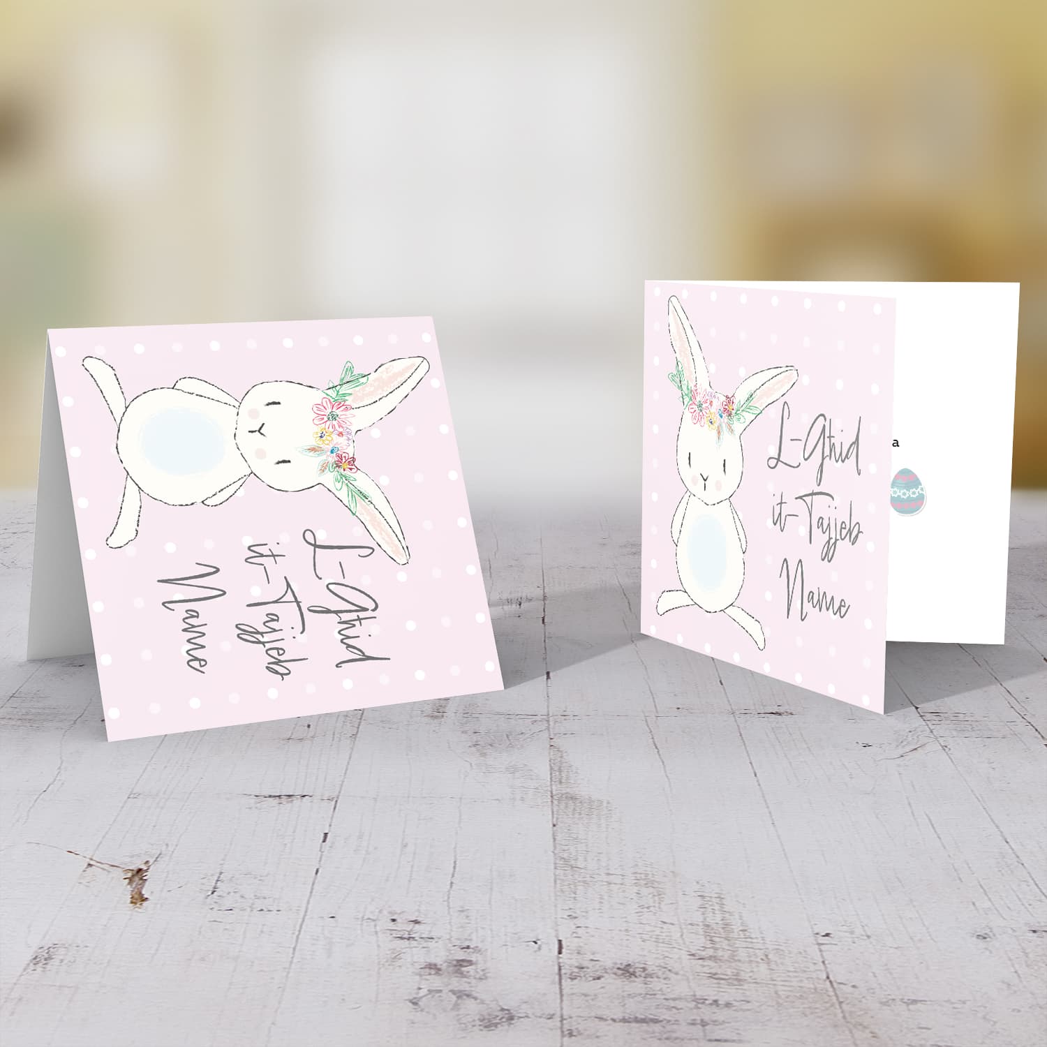 Bunny themed Easter personalisable card in Maltese with pink background and white polka dots