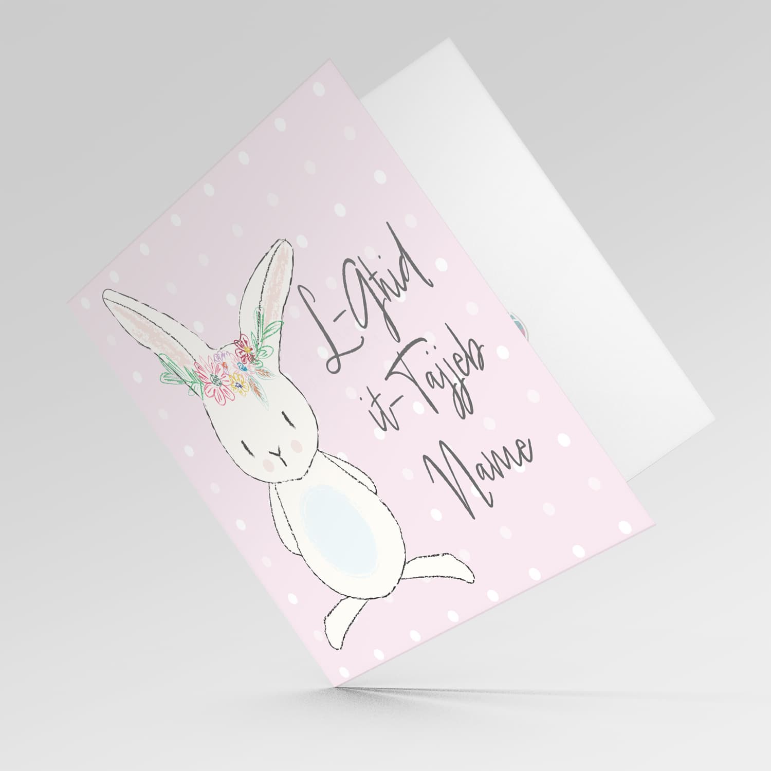 Bunny themed Easter personalisable card in Maltese with pink background and white polka dots