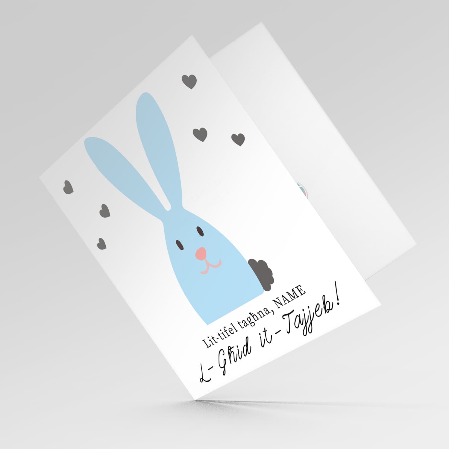 Son Easter personalisable card with cute blue bunny and scattered hearts in Maltese
