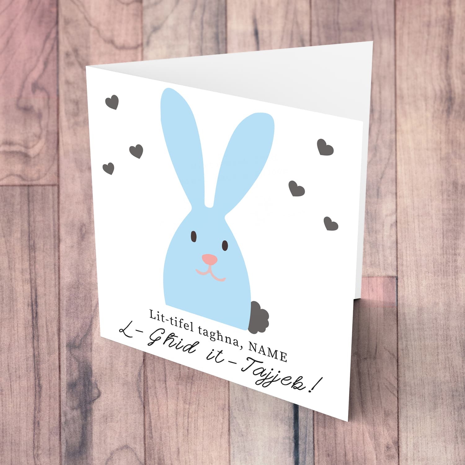 Son Easter personalisable card with cute blue bunny and scattered hearts in Maltese