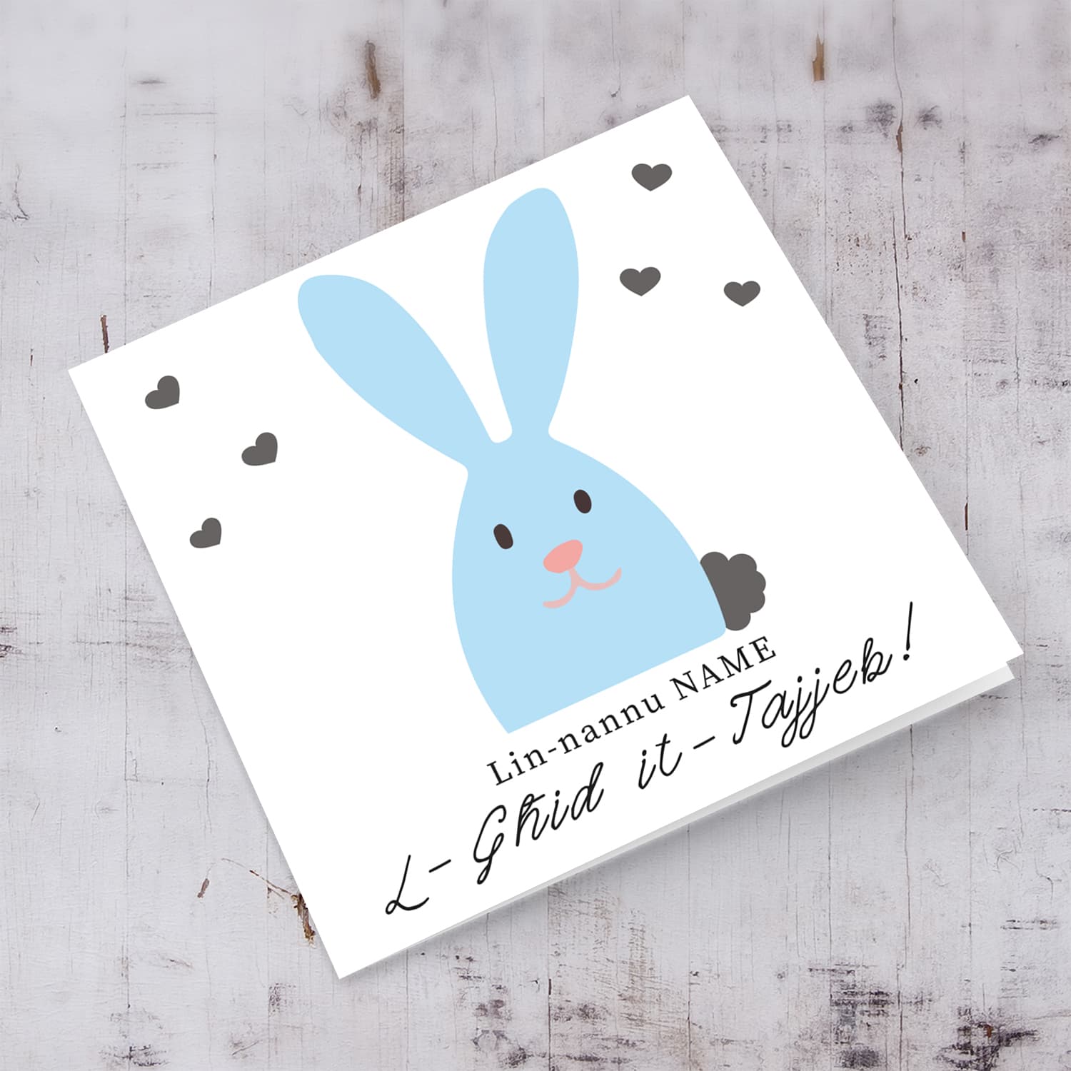 Grandpa Easter personalisable card with cute blue bunny and scattered hearts in Maltese