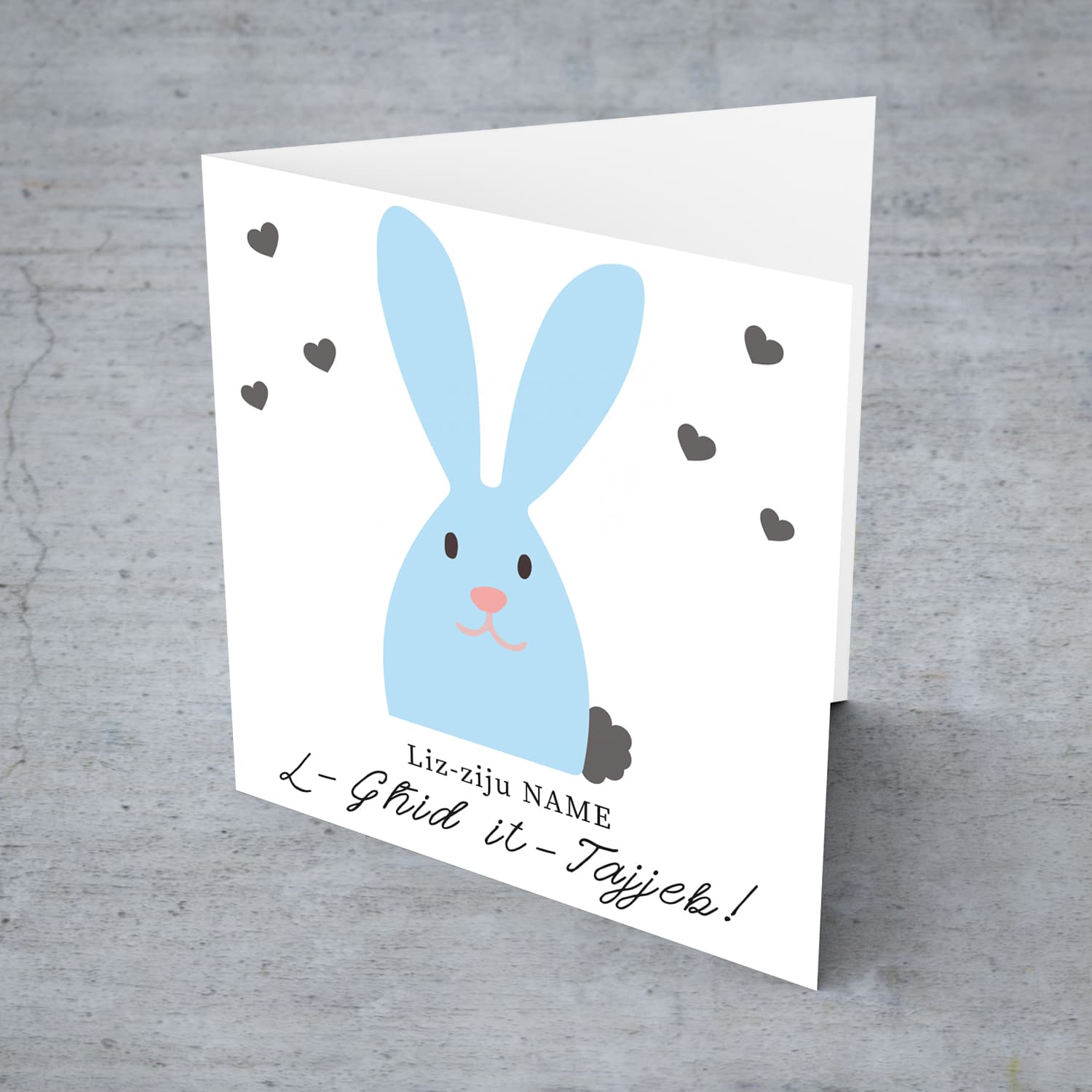 Uncle Easter personalisable card with cute blue bunny and scattered hearts in Maltese