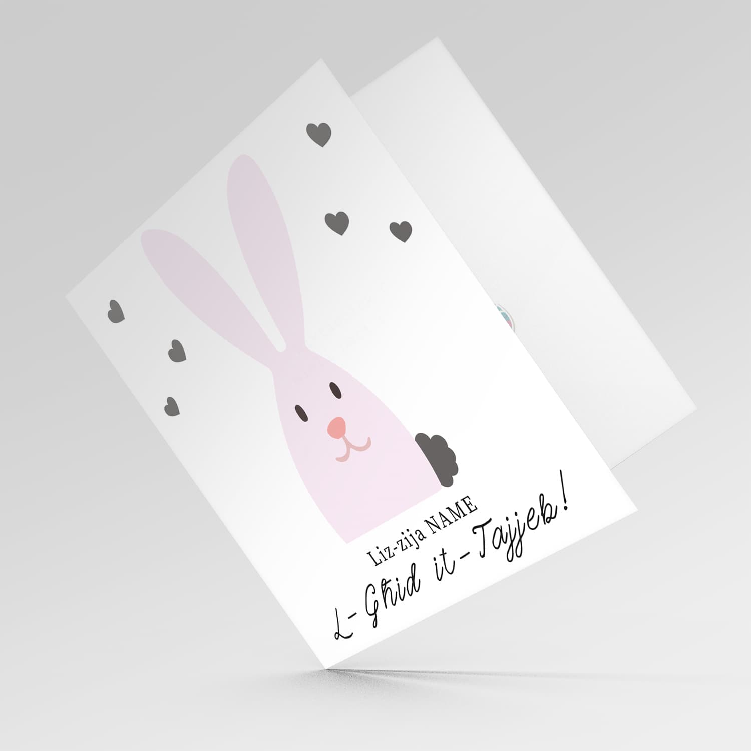 Aunty Easter personalisable card with cute pink bunny and scattered hearts in Maltese