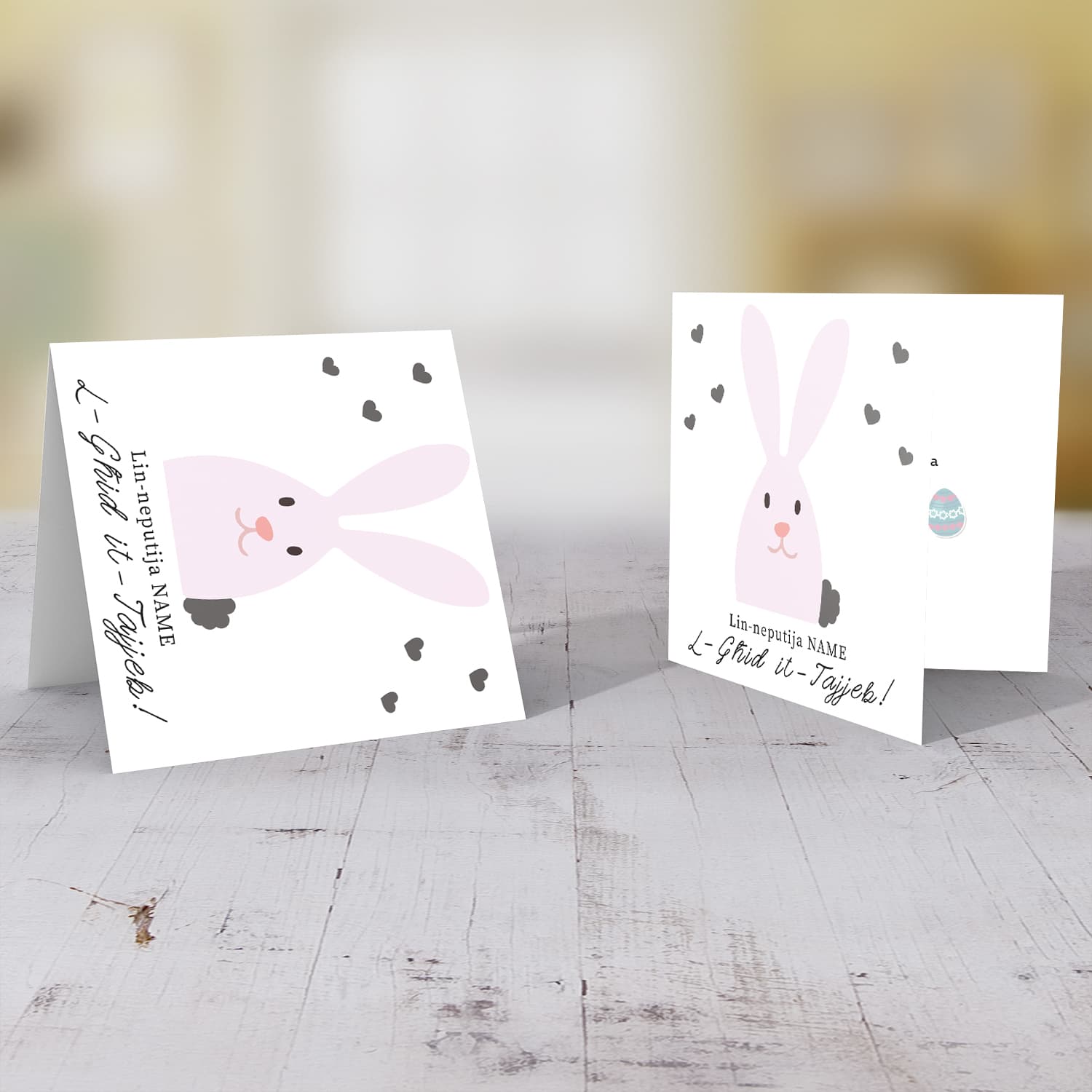 Niece Easter personalisable card with cute pink bunny and scattered hearts in Maltese