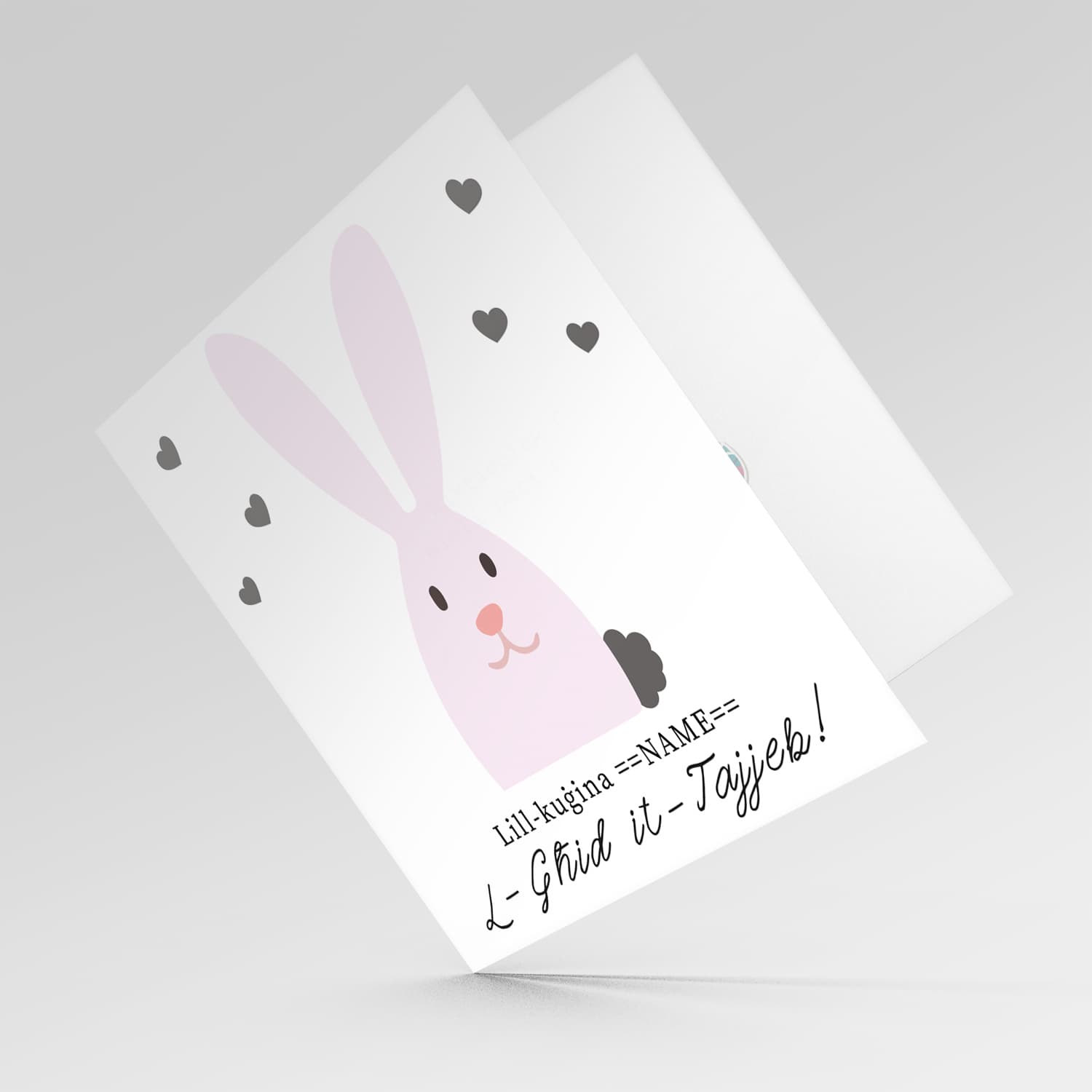 Cousin Easter personalisable card with cute pink bunny and scattered hearts in Maltese