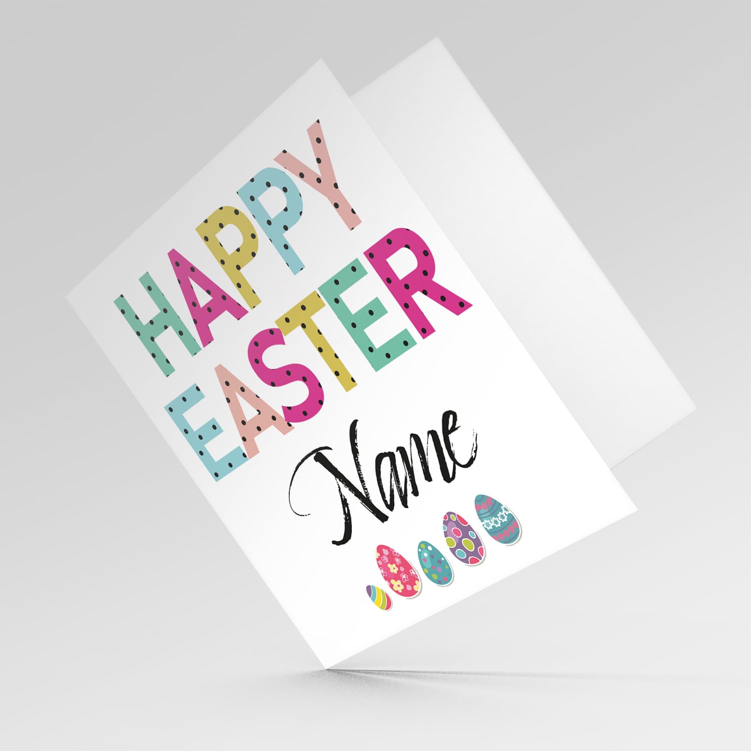 Colourful Easter card with easter eggs in English (Personalisable)