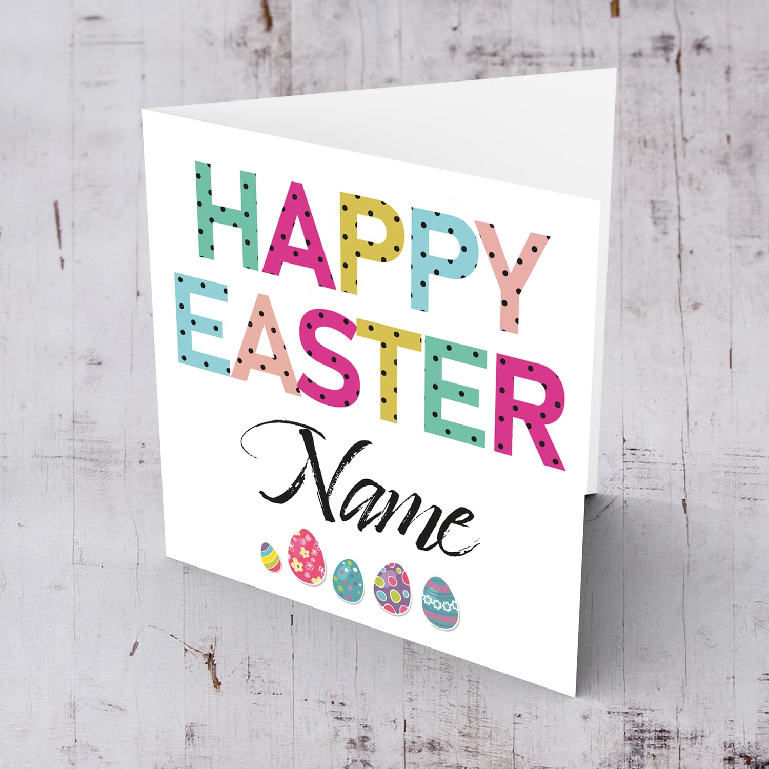 Colourful Easter card with easter eggs in English (Personalisable)