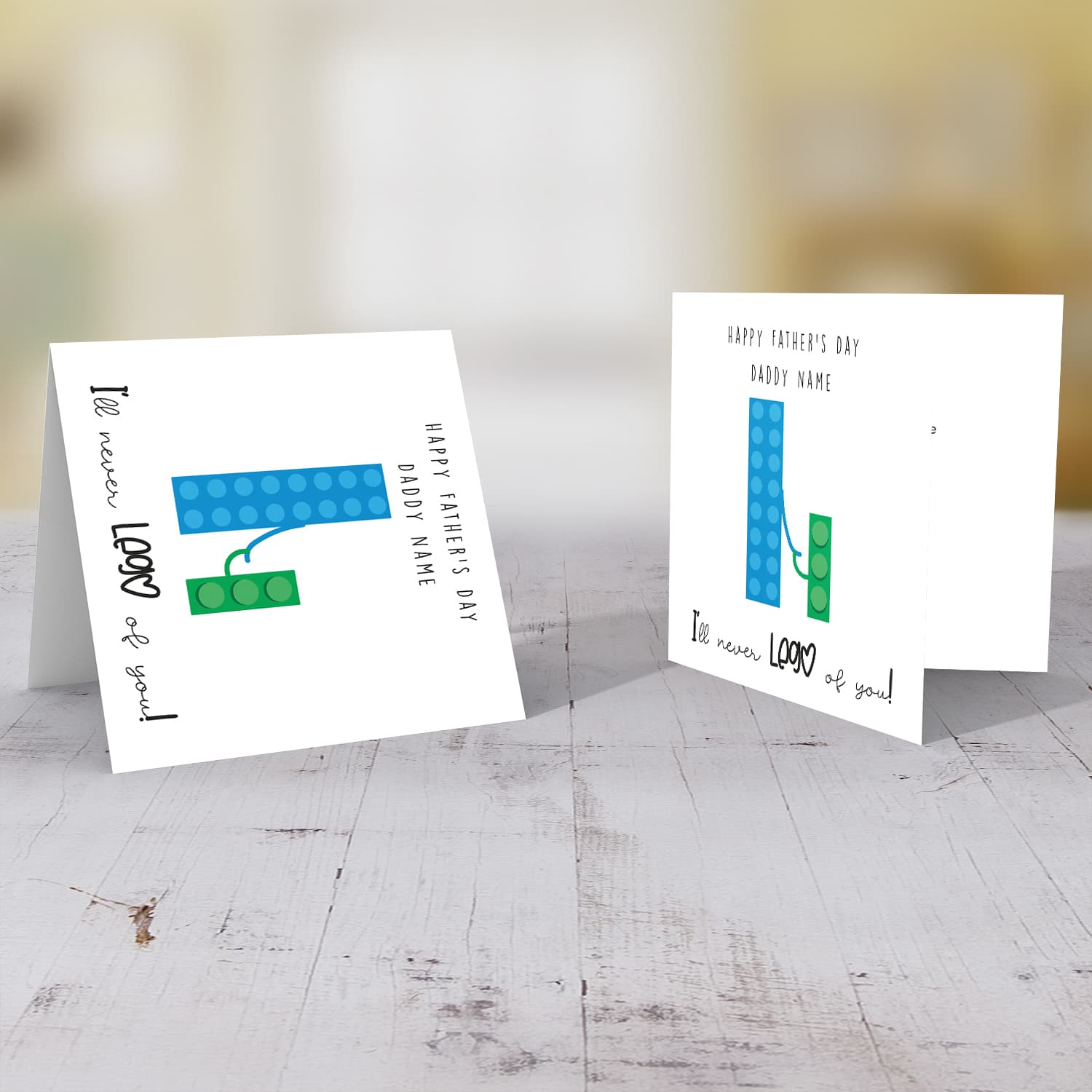 Lego themed personalisable father's day card in blue and green - I'll never LEGO of you! in English