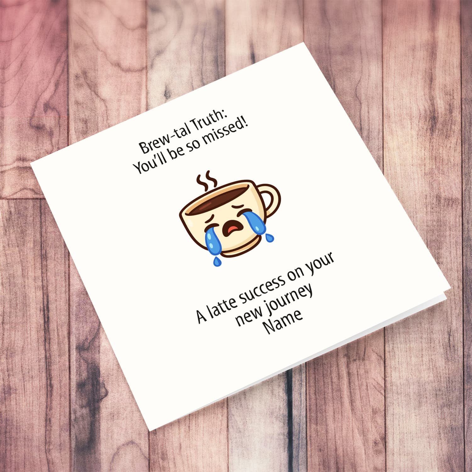 A cute crying cup farewell / retirement card in a neutral background in English (Personalisable & Unisex)