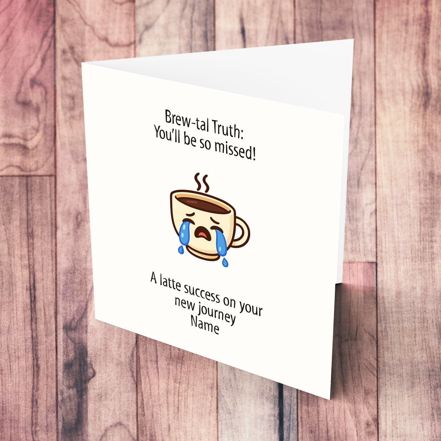 A cute crying cup farewell / retirement card in a neutral background in English (Personalisable & Unisex)