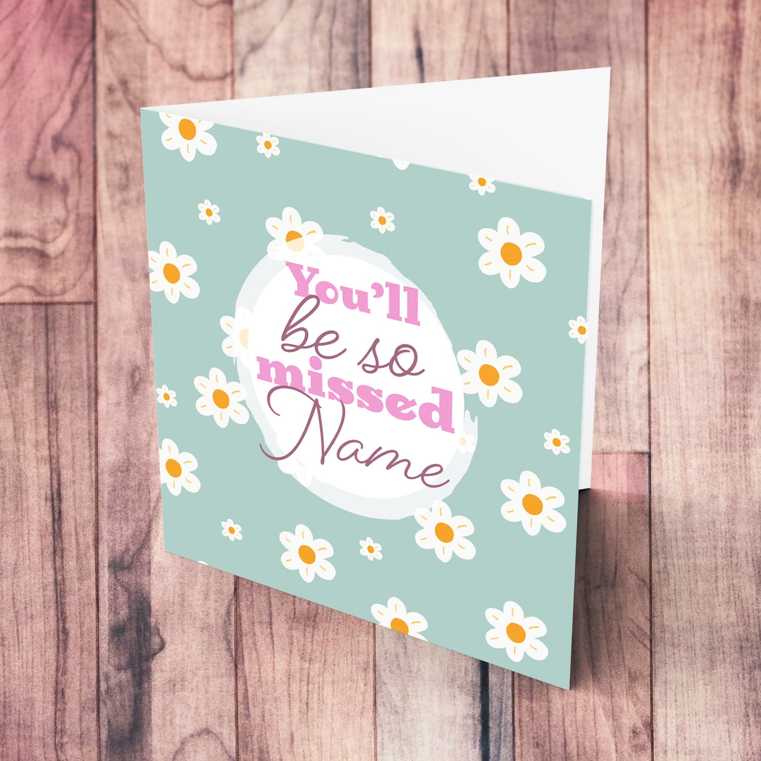 Turquoise background with white flowers farewell / you'll be missed card in English (Personalisable)