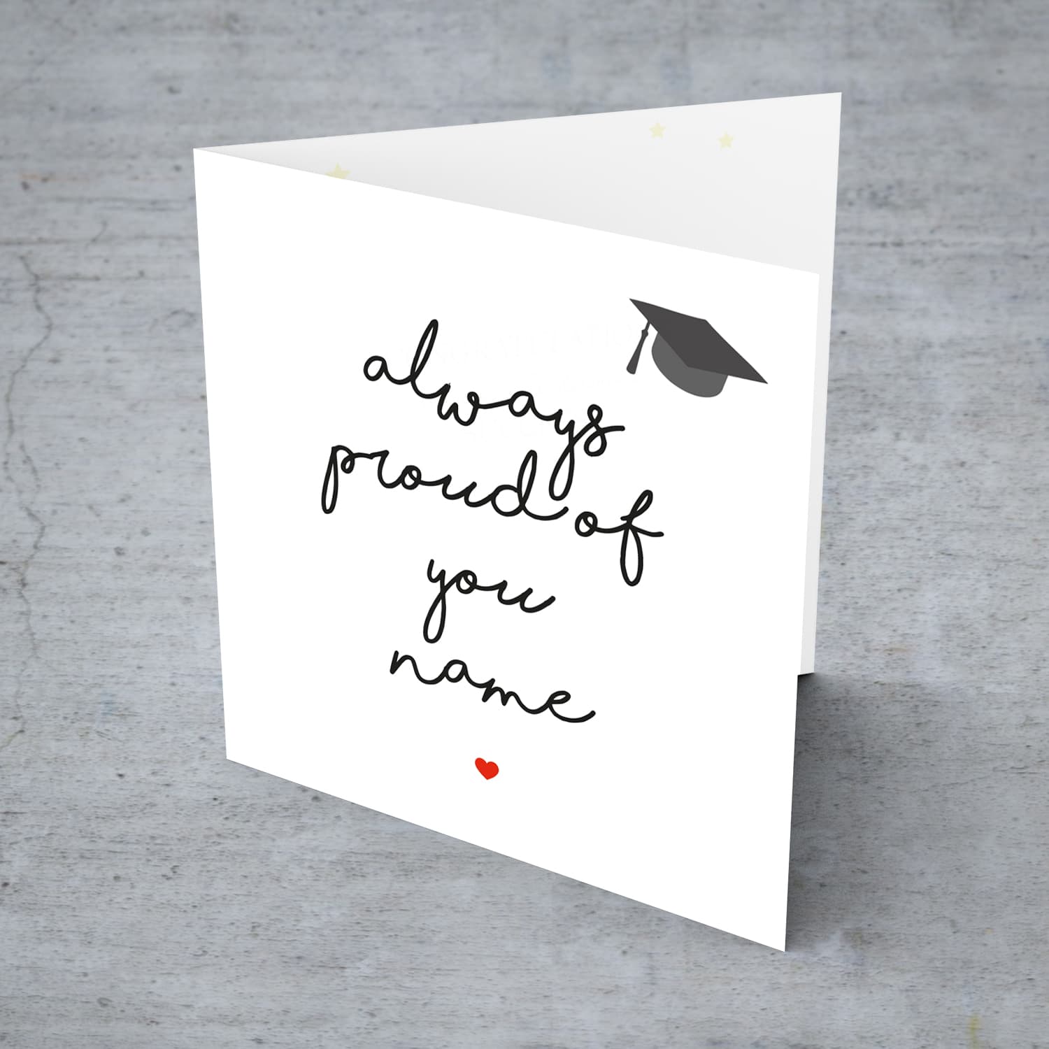 Minimalist Graduation Card with small graduation hat and red heart in English (Personablisable & Unisex)