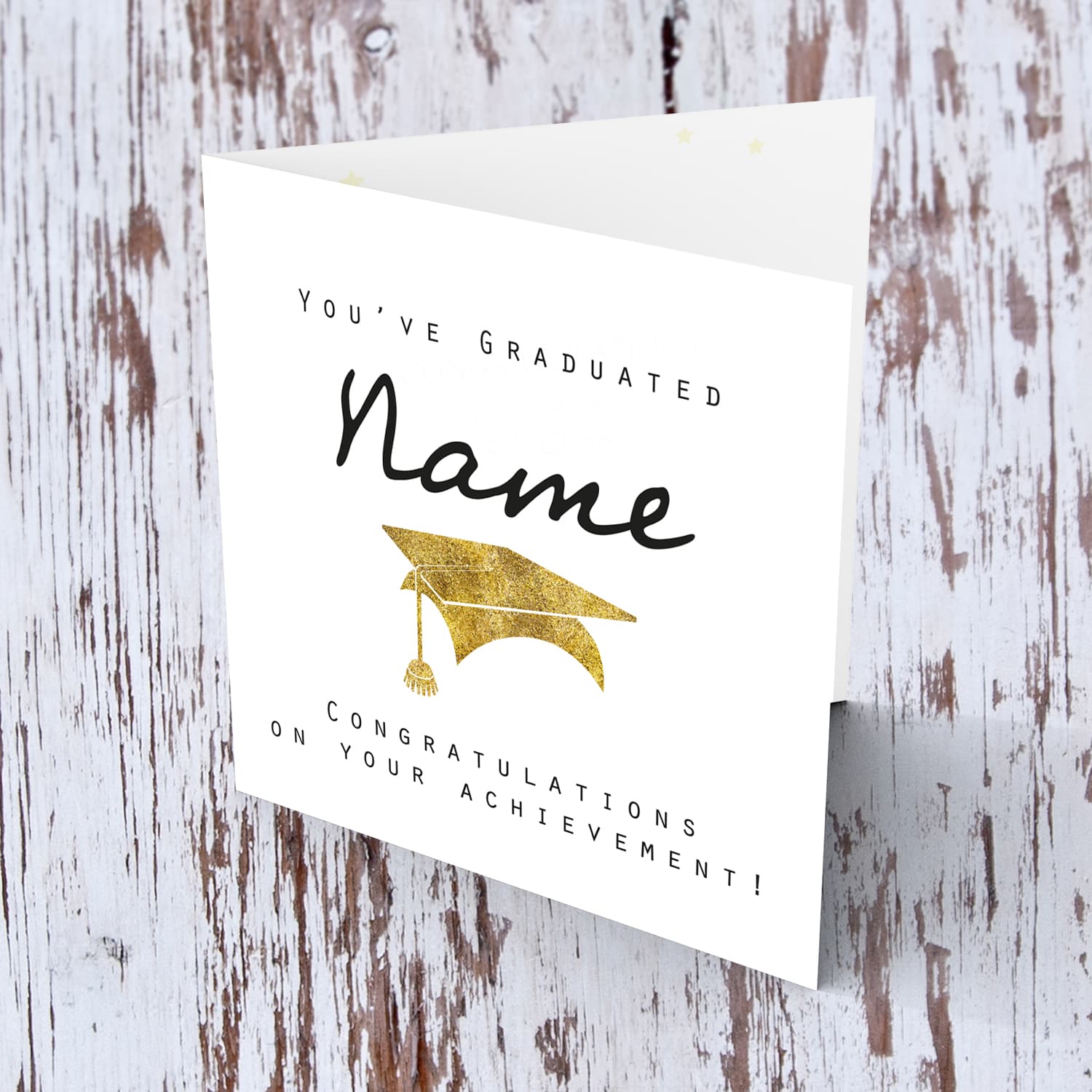 Minimalist Graduation card with golden glitter hat in English (Personalisable & Unisex)