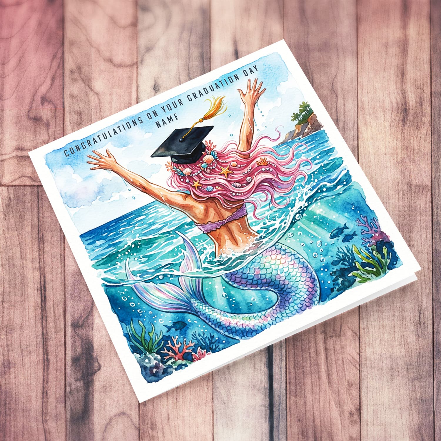 A mermaid theme graduation card featuring a mermaid in the sea, celebrating her success in English (Personalisable)