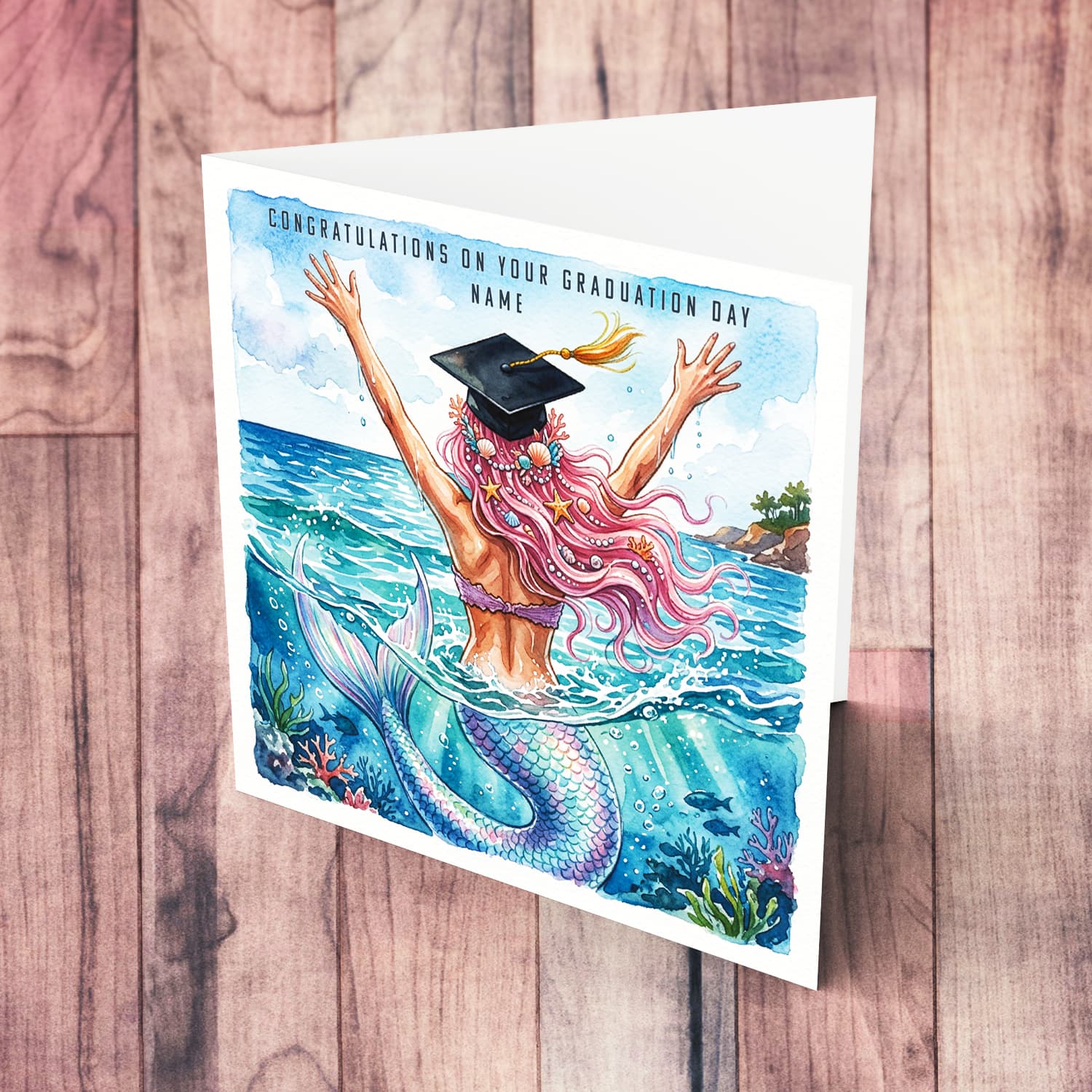 A mermaid theme graduation card featuring a mermaid in the sea, celebrating her success in English (Personalisable)