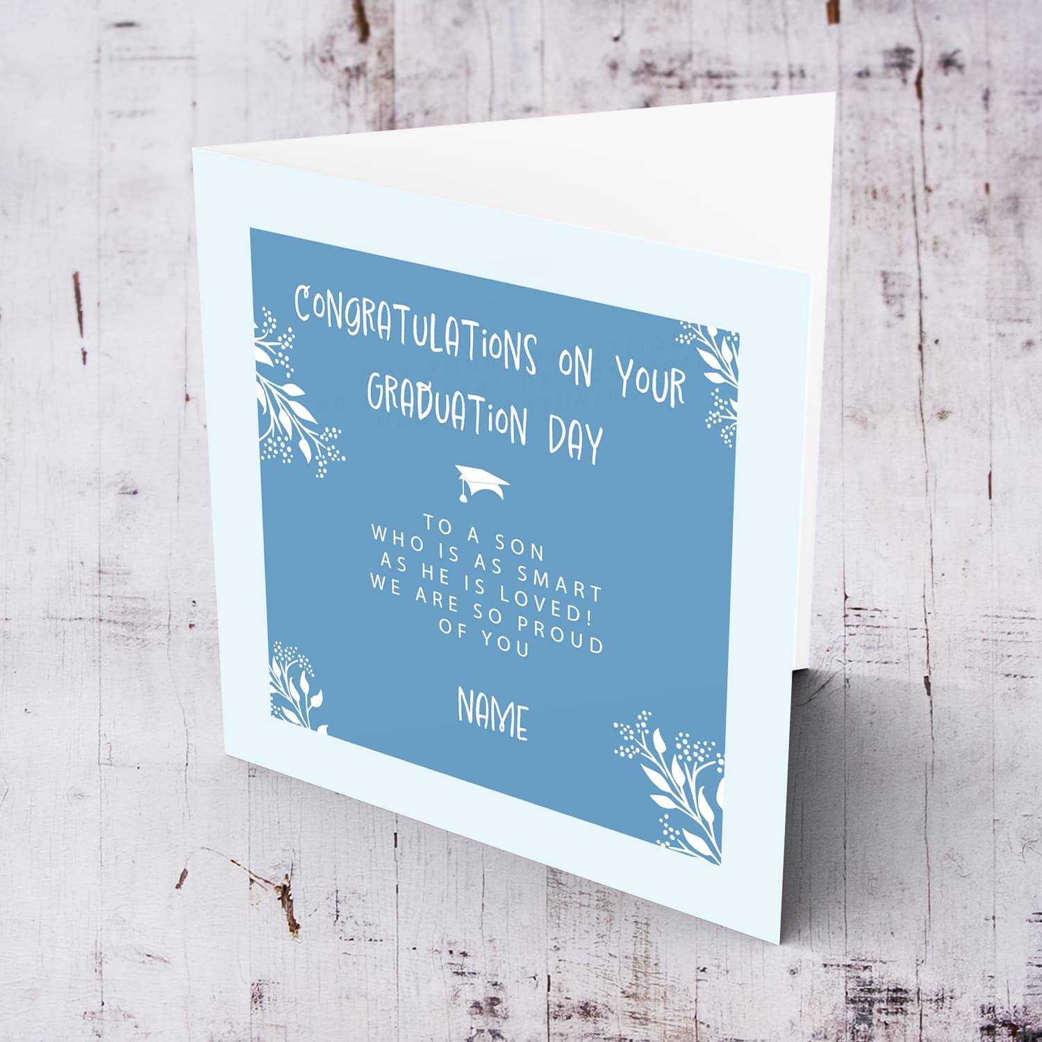An graduation card for son in two toned blue colour scheme in English (Personalisable)