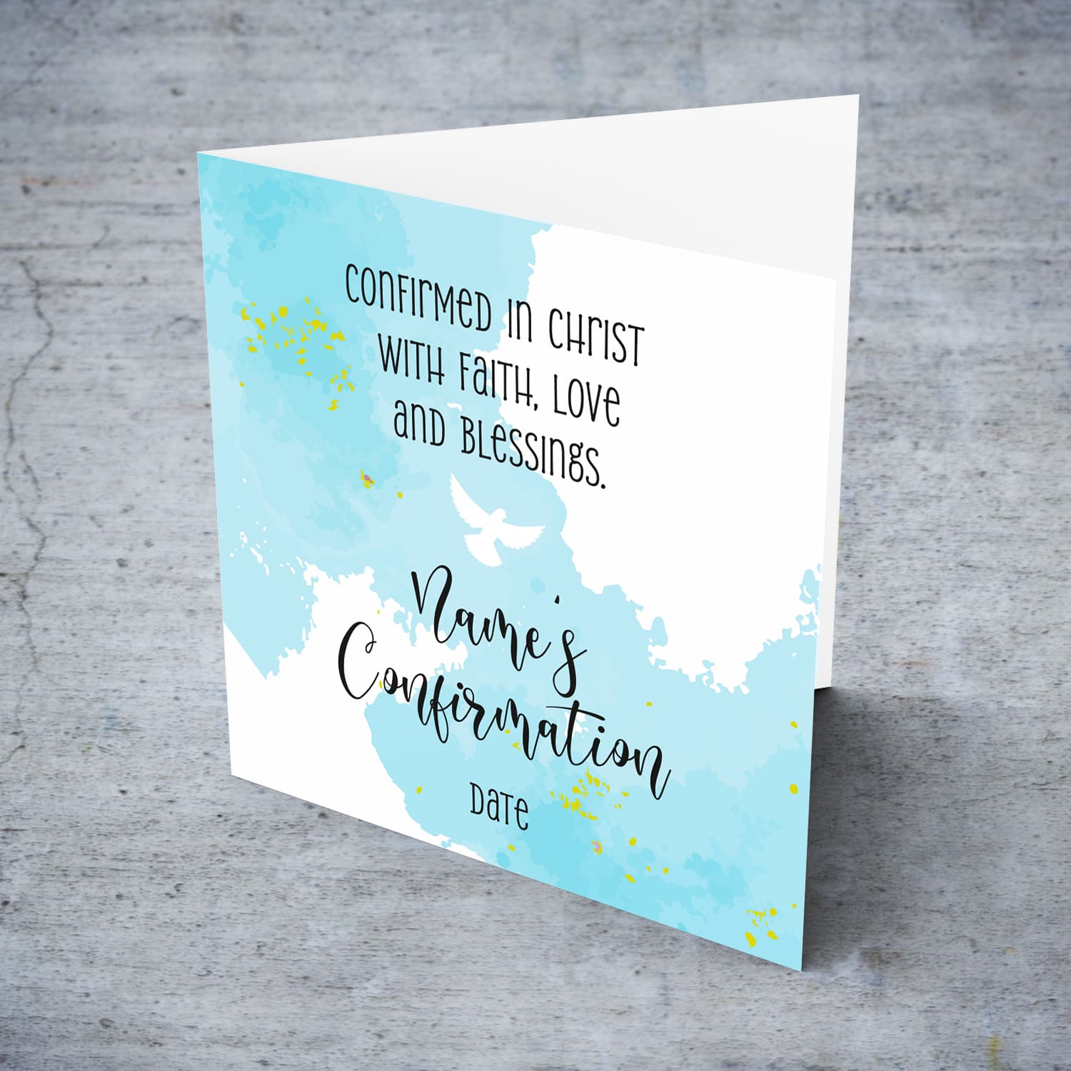 A beautiful Confirmation card in blue tones, with holy spirit and touches of gold in English (Personalisable)