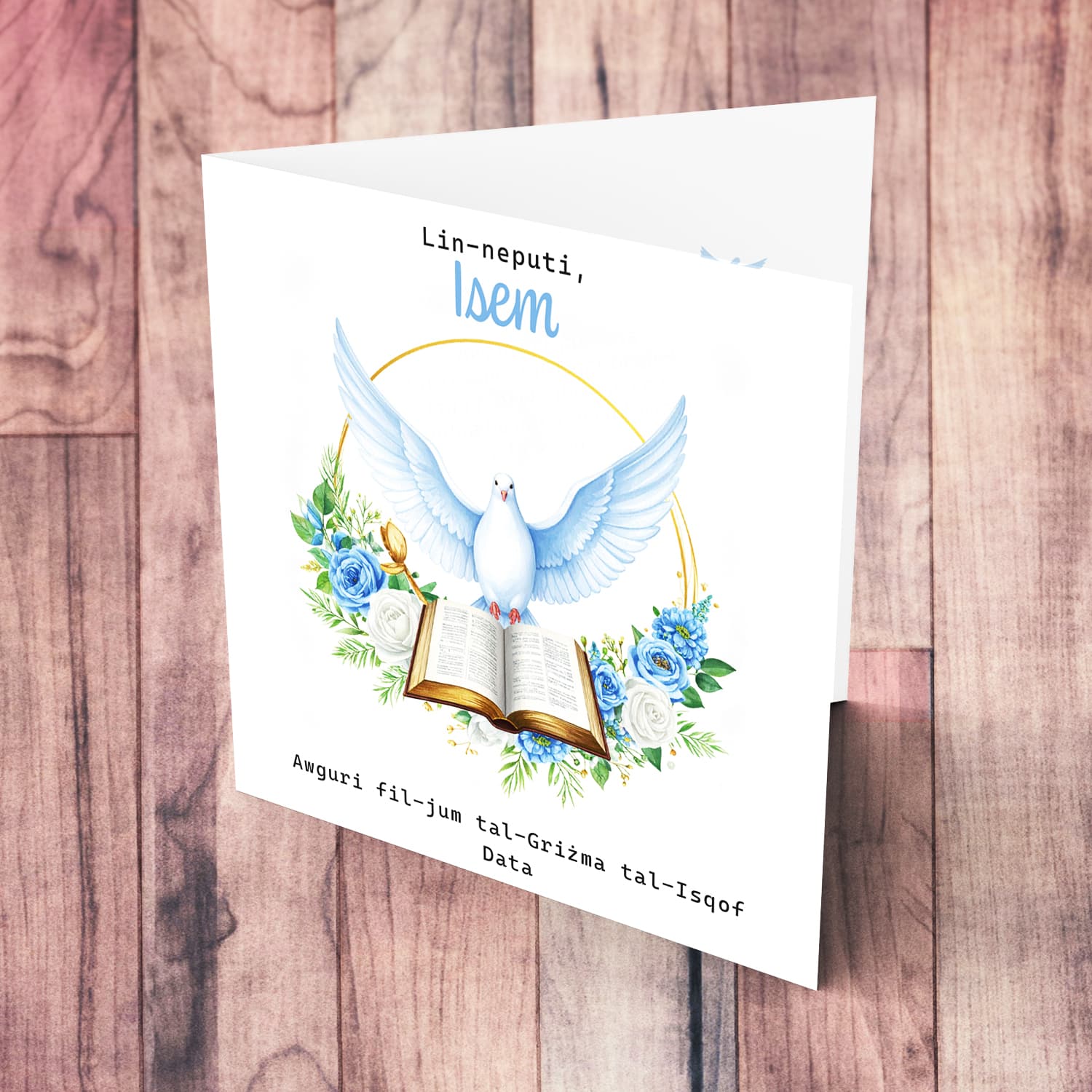 An elegant Confirmation card for Nephew / Grandson featuring the Holy Spirit dove, an open Bible and beautiful blue and white flowers (Personalisable)