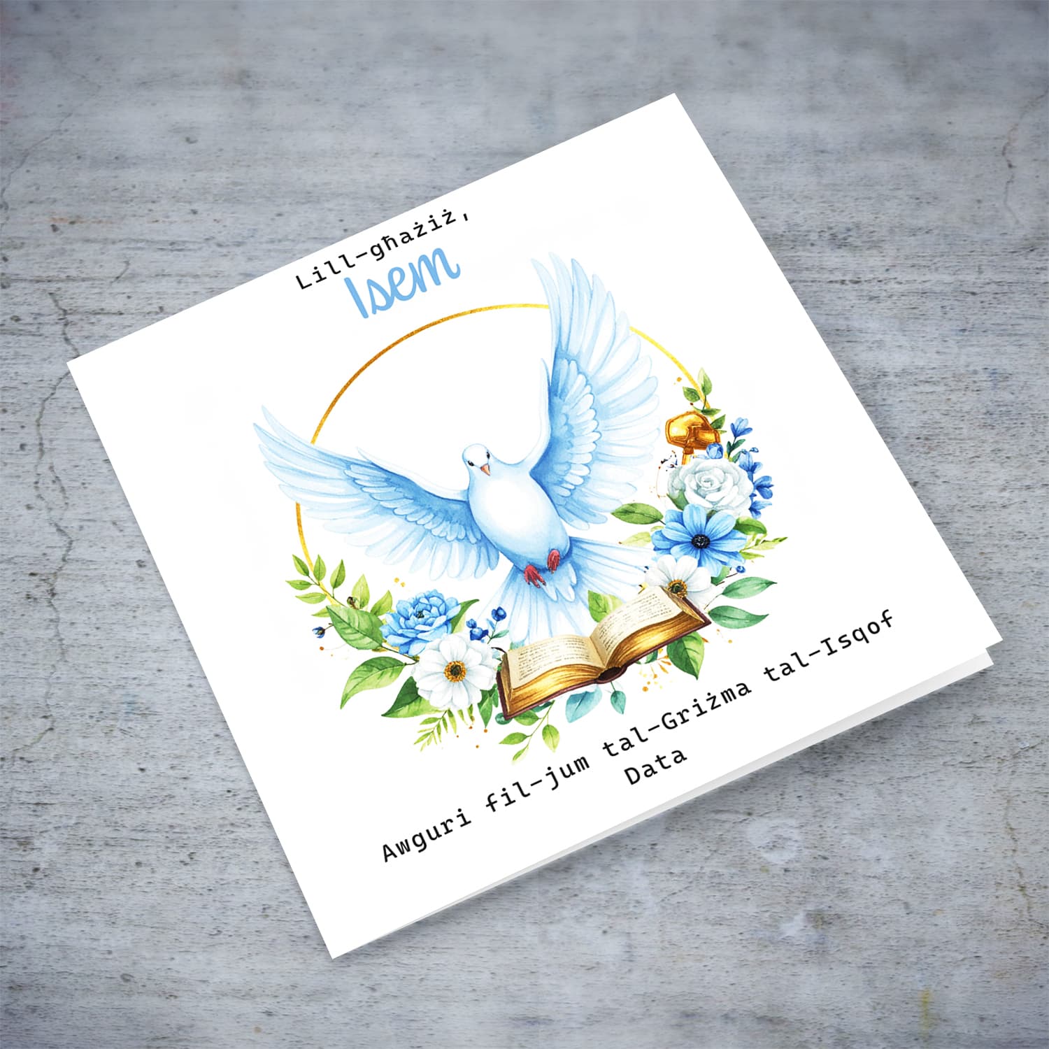 An elegant Confirmation card for a dear boy featuring the Holy Spirit dove, an open Bible and beautiful blue and white flowers (Personalisable)