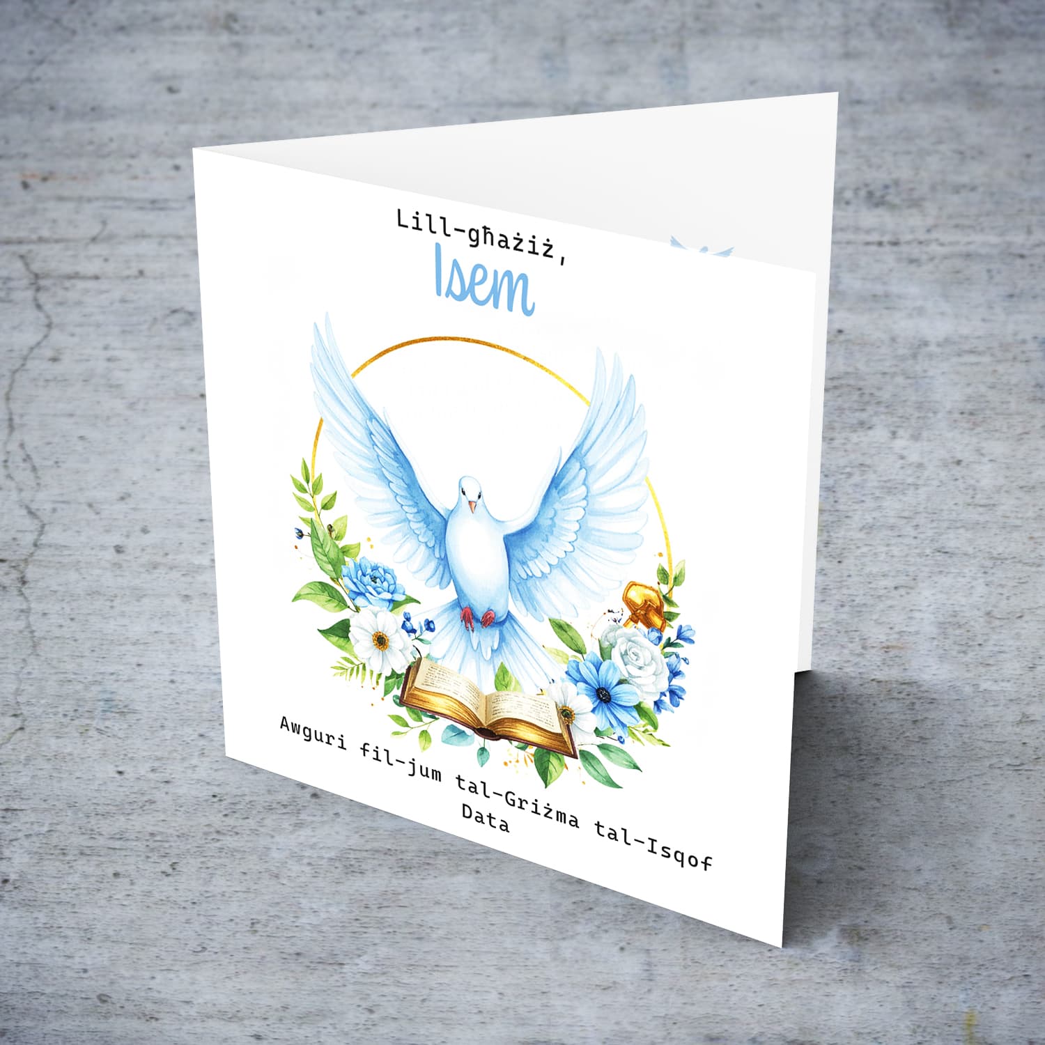 An elegant Confirmation card for a dear boy featuring the Holy Spirit dove, an open Bible and beautiful blue and white flowers (Personalisable)