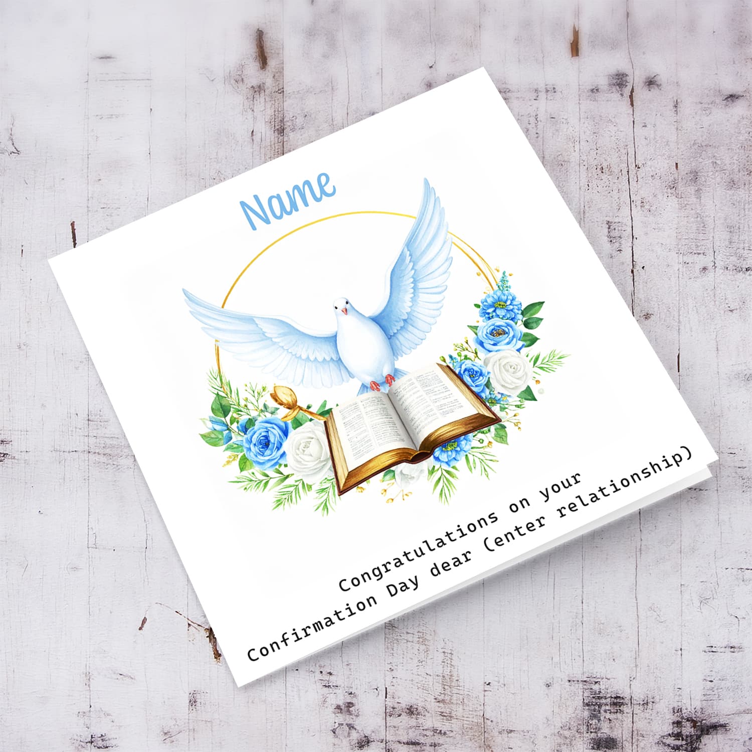 An elegant Confirmation card featuring the Holy Spirit dove, an open Bible and beautiful blue and white flowers in English (Personalisable)