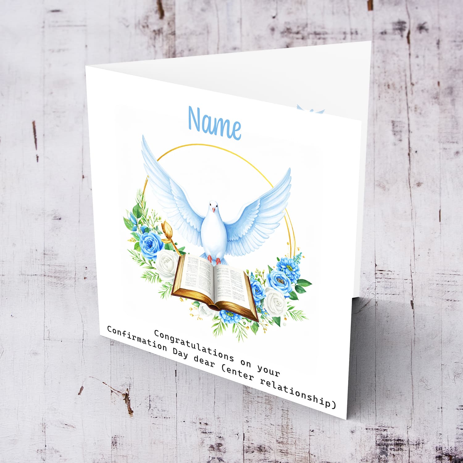 An elegant Confirmation card featuring the Holy Spirit dove, an open Bible and beautiful blue and white flowers in English (Personalisable)