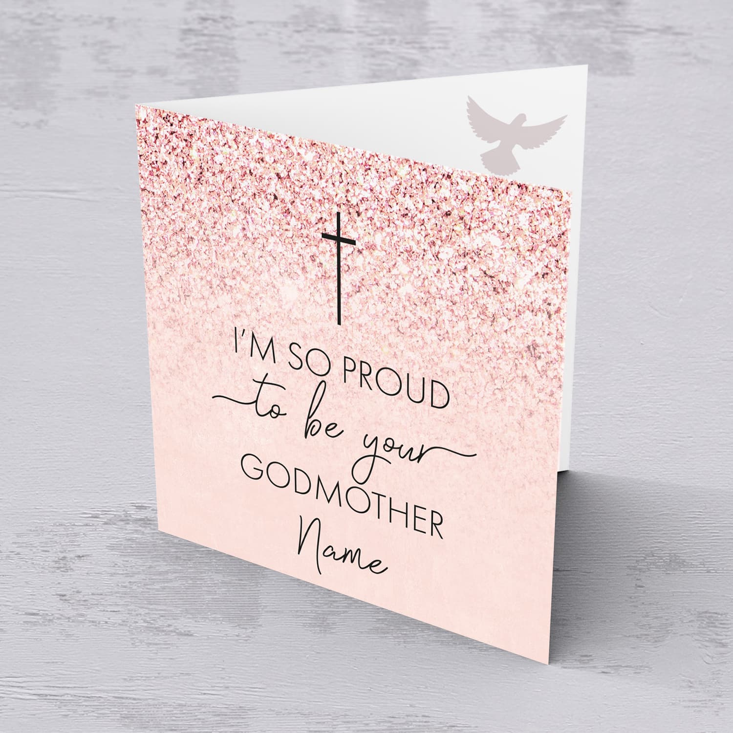 Pink Glitter with cross personalisable Confirmation card for girls from Godmother in English