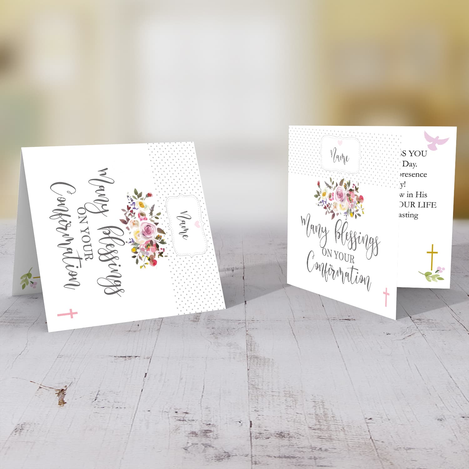 Minimalist personalisable Confirmation card with flowers in English for girls