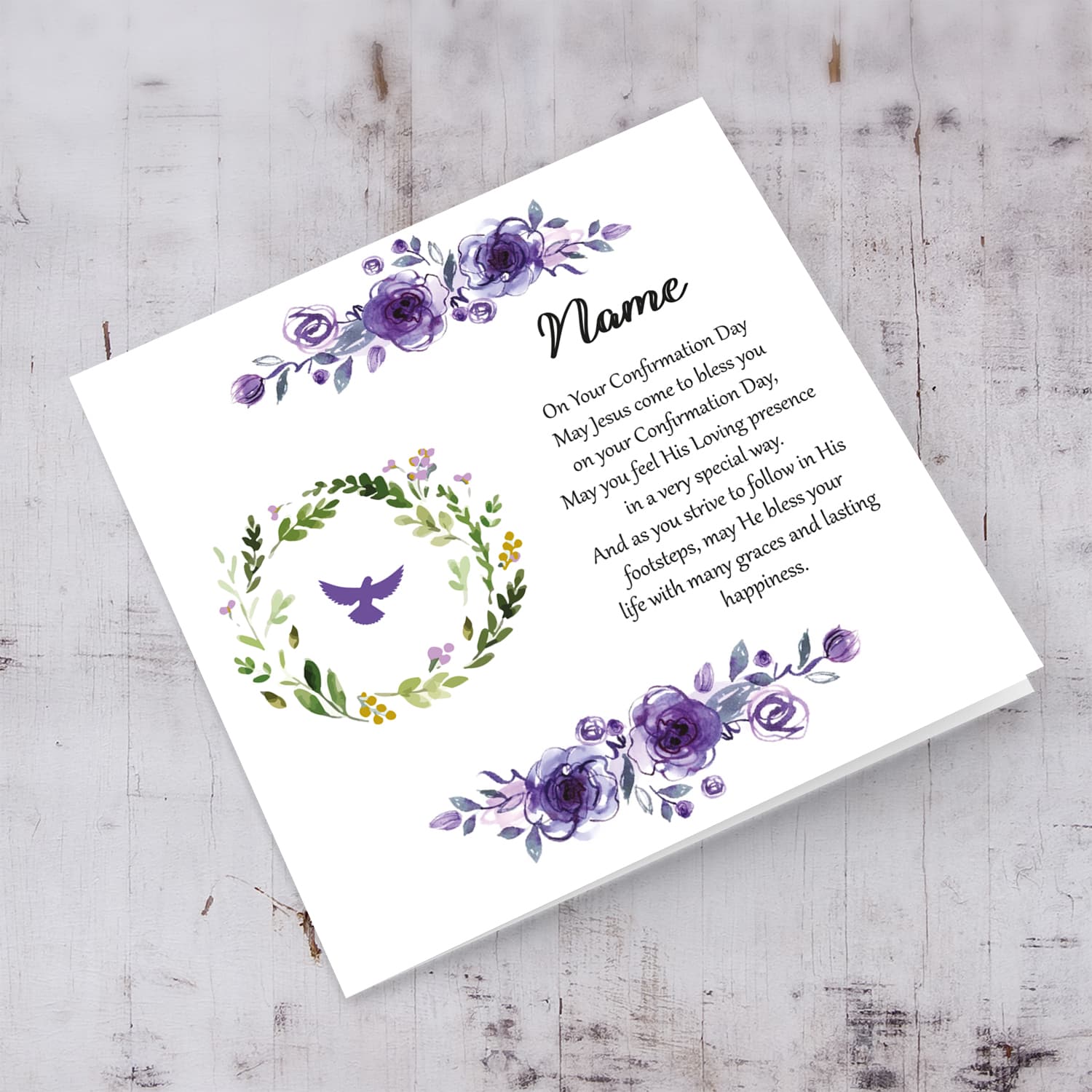 Purple flower themed confirmation card in English (Personalisable)
