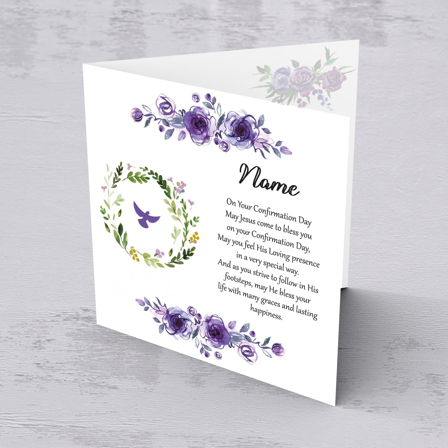 Purple flower themed confirmation card in English (Personalisable)