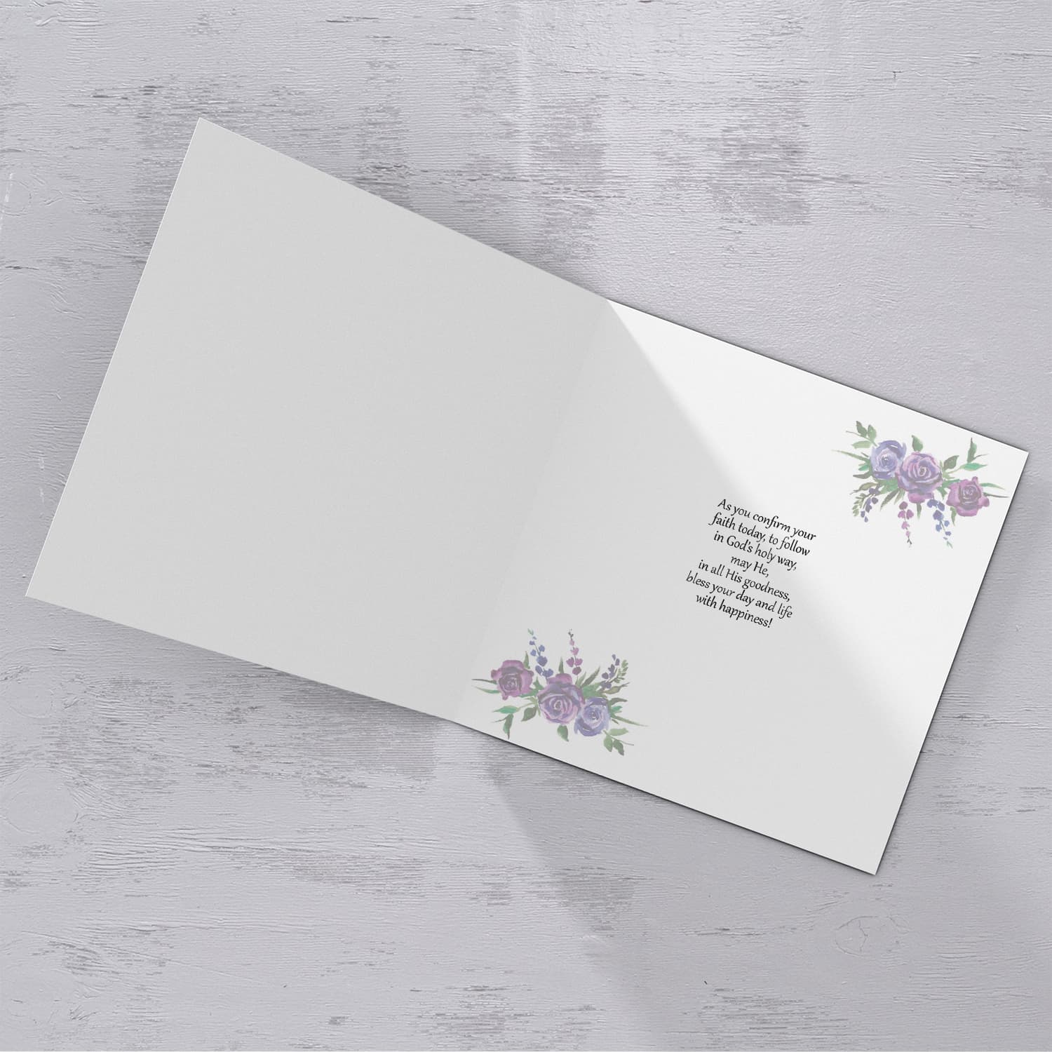 Purple flower themed confirmation card in English (Personalisable)