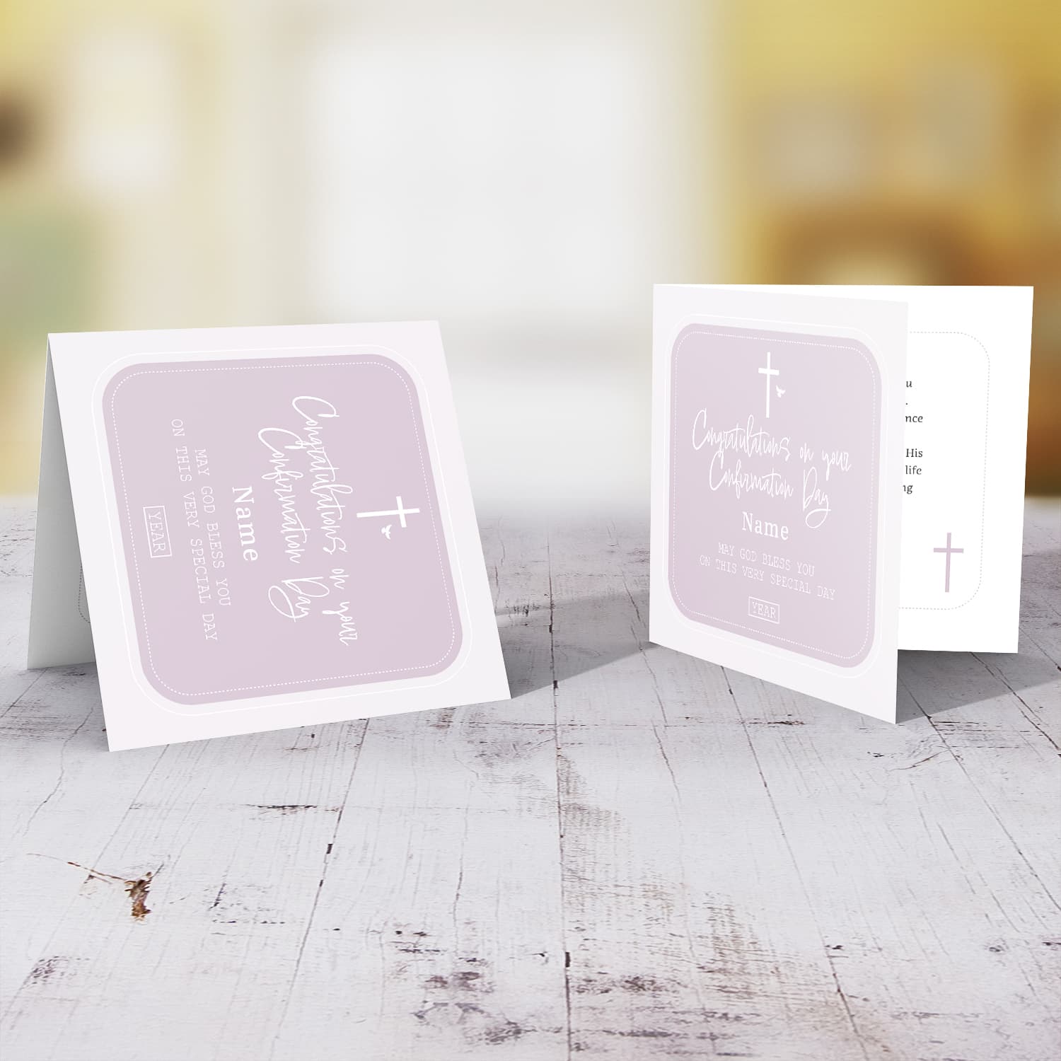 Different shades of pink/light purple Confirmation card for girl in English (Personalisable)