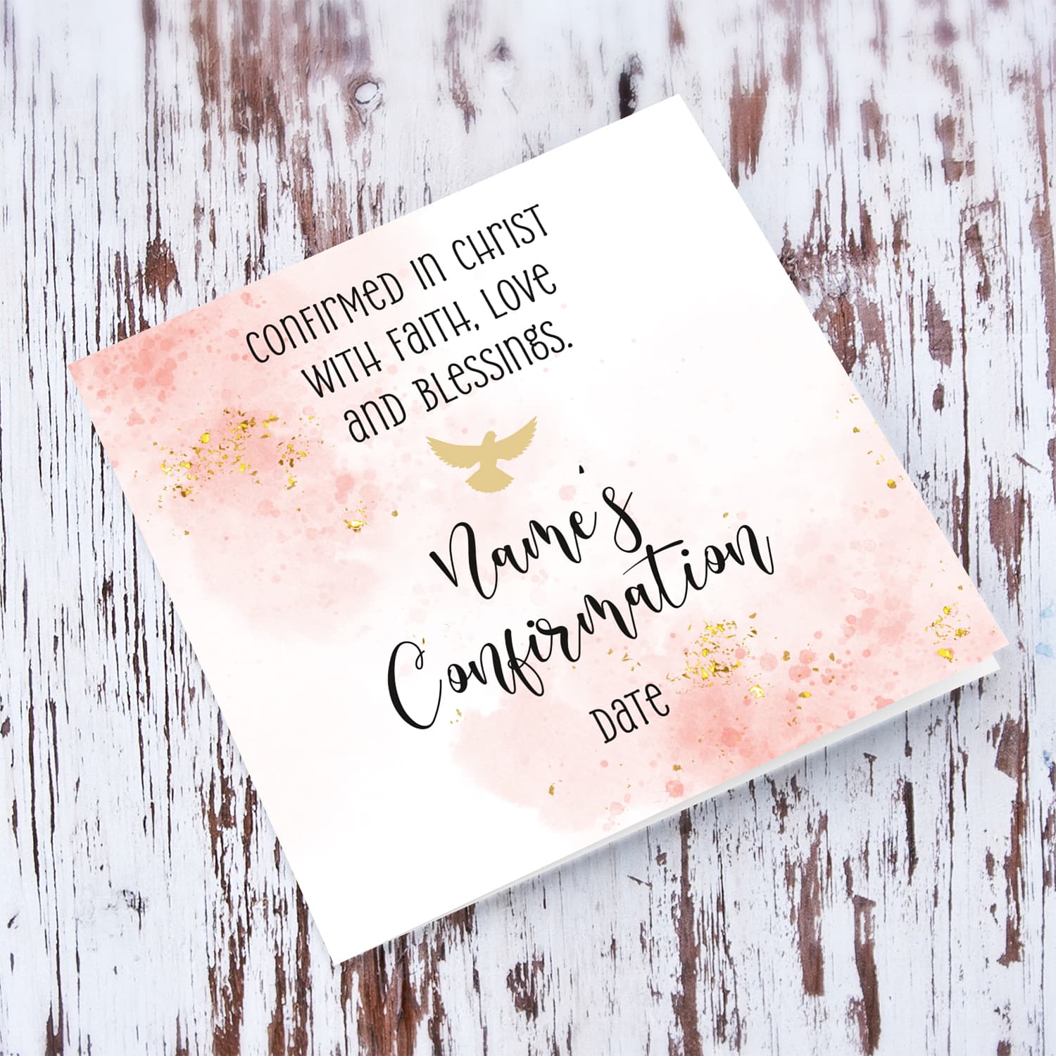 A beautiful Confirmation card in pink tones, with holy spirit and touches of gold in English (Personalisable)