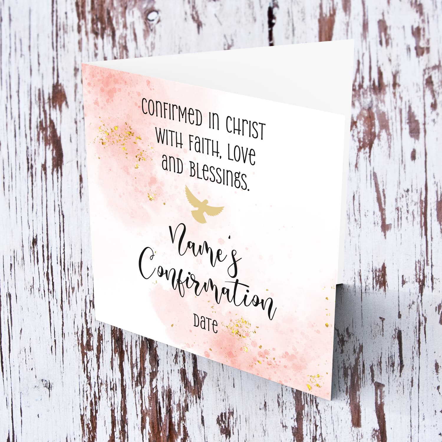 A beautiful Confirmation card in pink tones, with holy spirit and touches of gold in English (Personalisable)