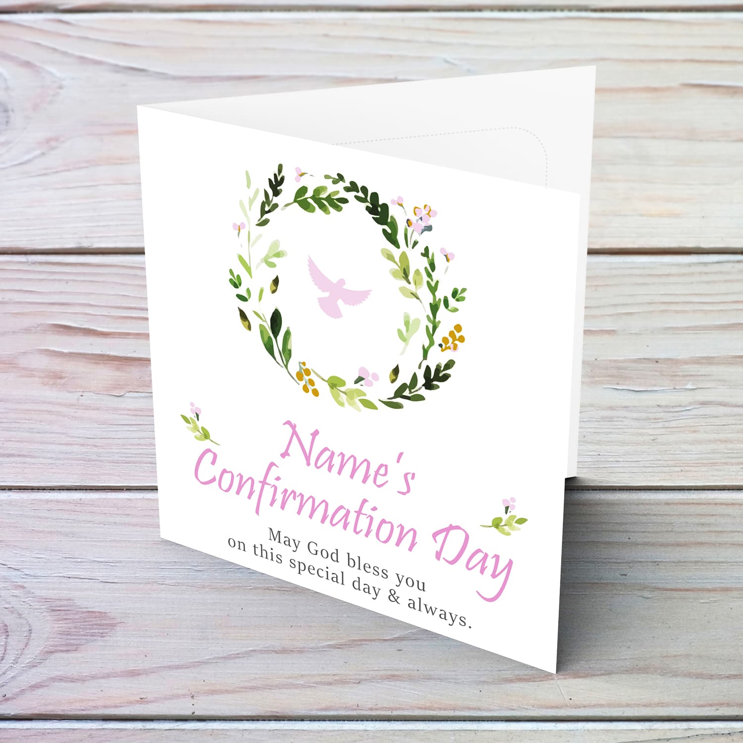 A confirmation card for girls featuring a floral wreath with pink and gold toughes and with the Holy Spirit in English (Personalisable)